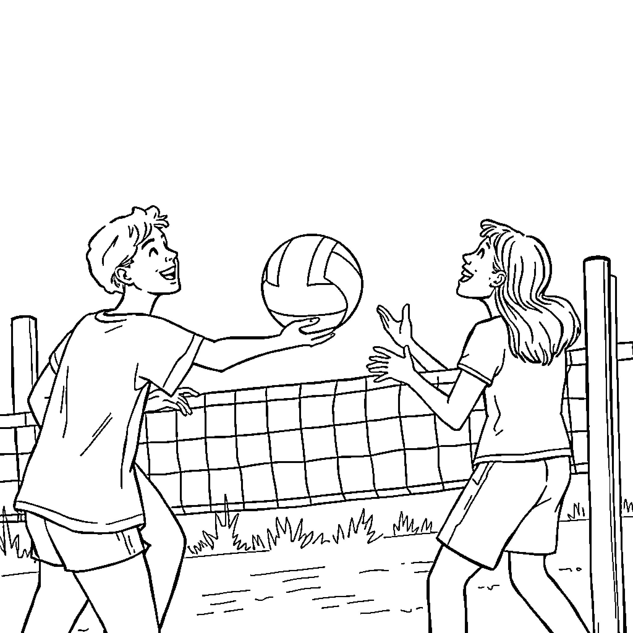 Cat playing volleyball with friends on the beach Coloring Page (free black-and-white line drawing printable PDF for all, from beginners to advanced learners, including children, teens, adults, and seniors)