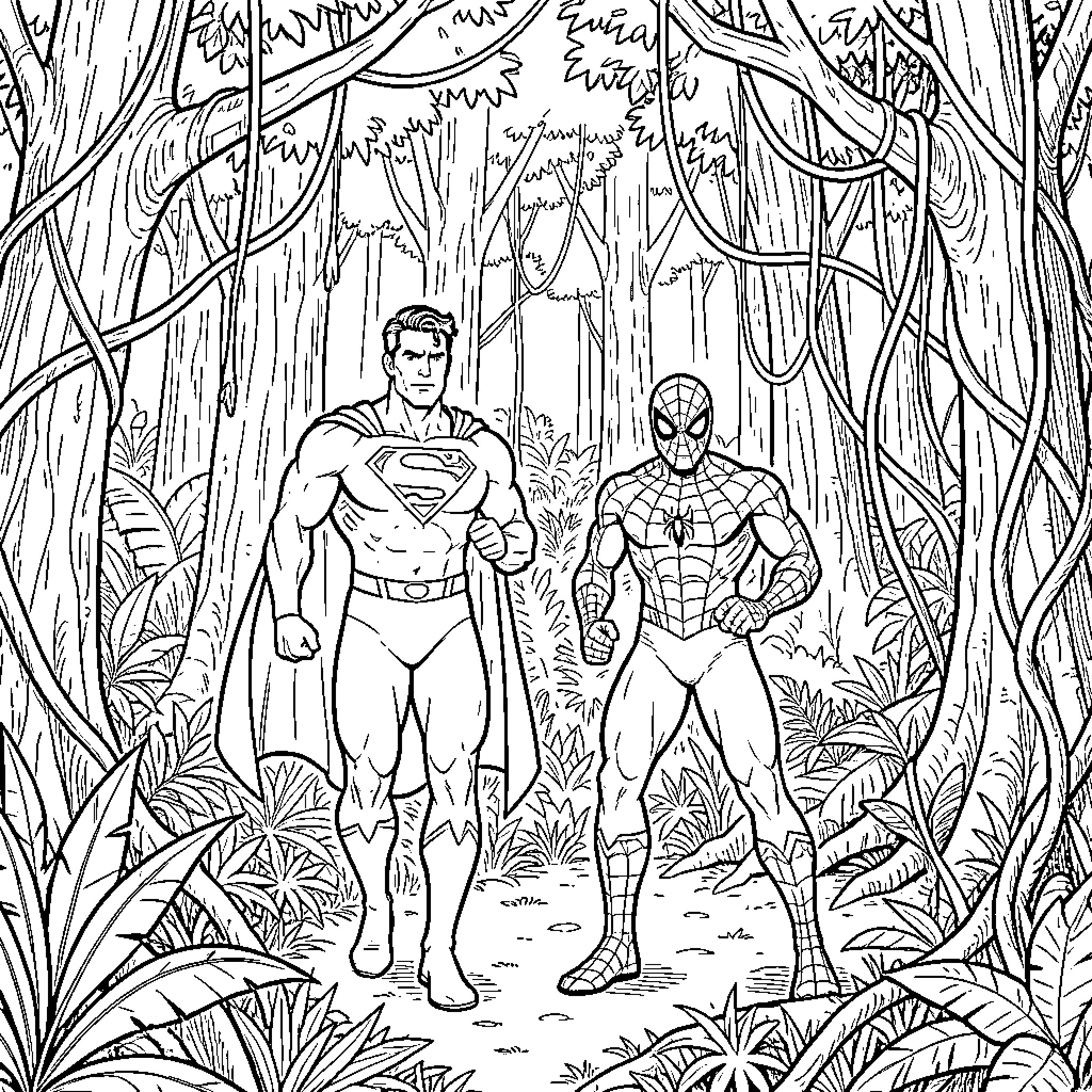 Superman and Spider-Man standing heroically in a jungle Coloring Page (free black-and-white line drawing printable PDF for all, from beginners to advanced learners, including children, teens, adults, and seniors)