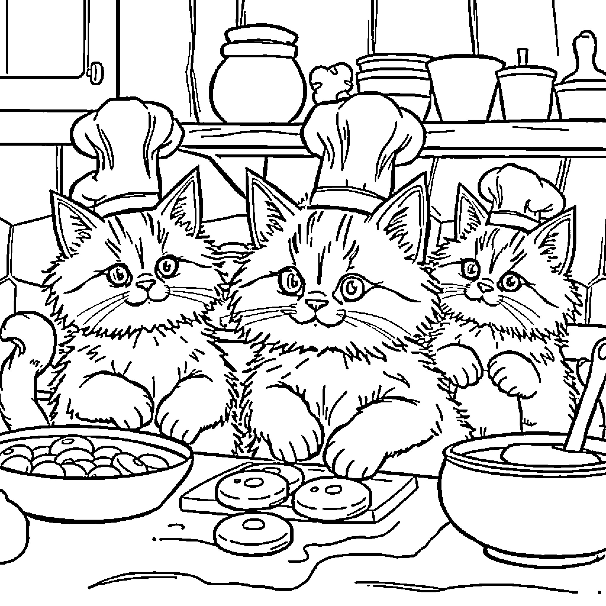 Cats in the kitchen Coloring Page (free black-and-white line drawing printable PDF for all, from beginners to advanced learners, including children, teens, adults, and seniors)