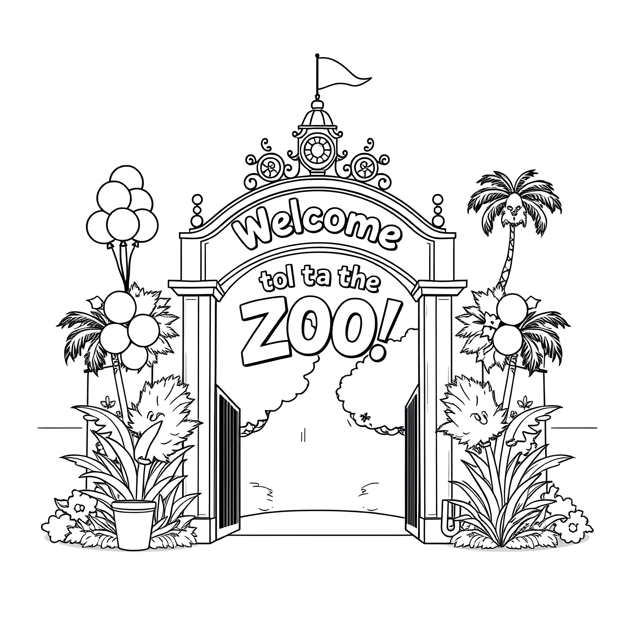 Welcome to the Zoo with Decorative Entrance Coloring Page (free black-and-white line drawing printable PDF for all, from beginners to advanced learners, including children, teens, adults, and seniors)