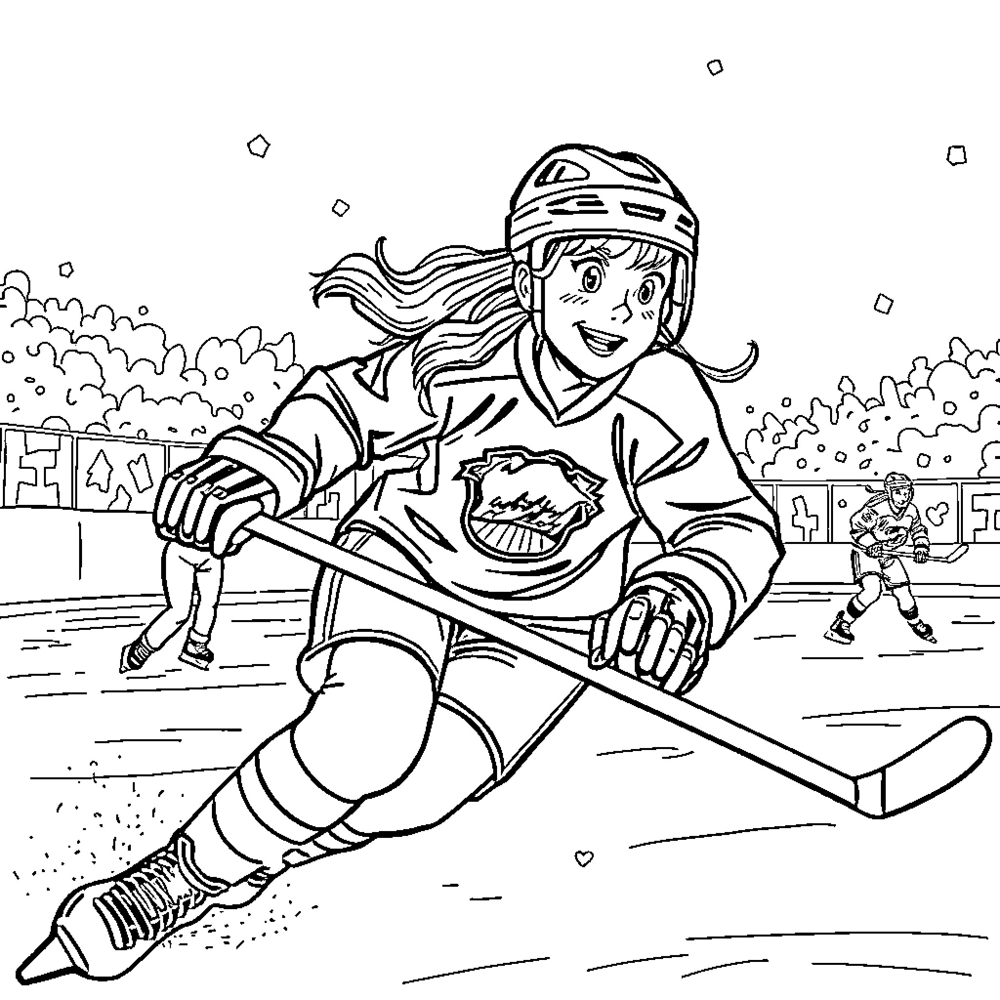 Gabby Kinney playing hockey on the ice rink Coloring Page (free black-and-white line drawing printable PDF for all, from beginners to advanced learners, including children, teens, adults, and seniors)