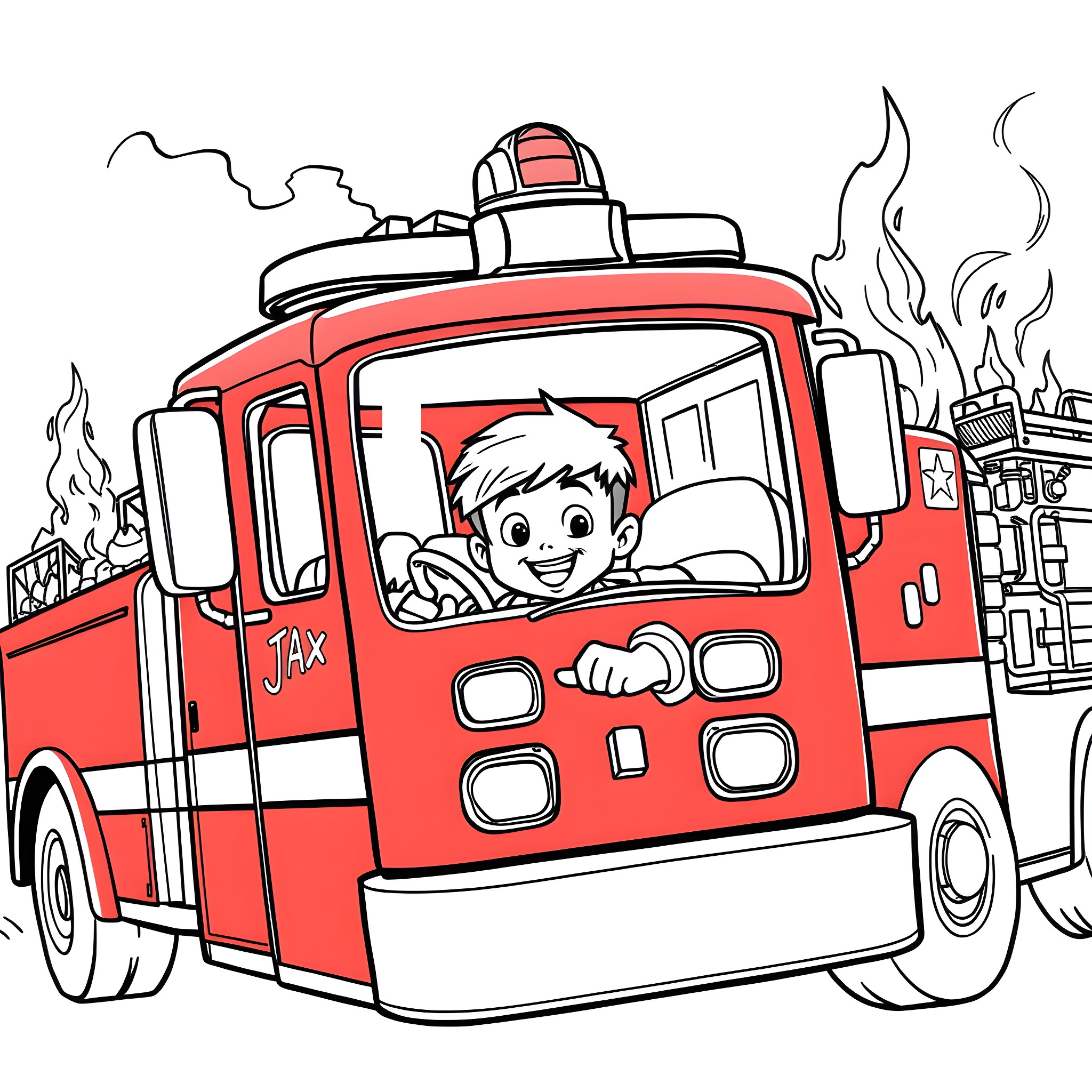Firetruck rushing to put out the fire Coloring Page (free black-and-white line drawing printable PDF for all, from beginners to advanced learners, including children, teens, adults, and seniors)