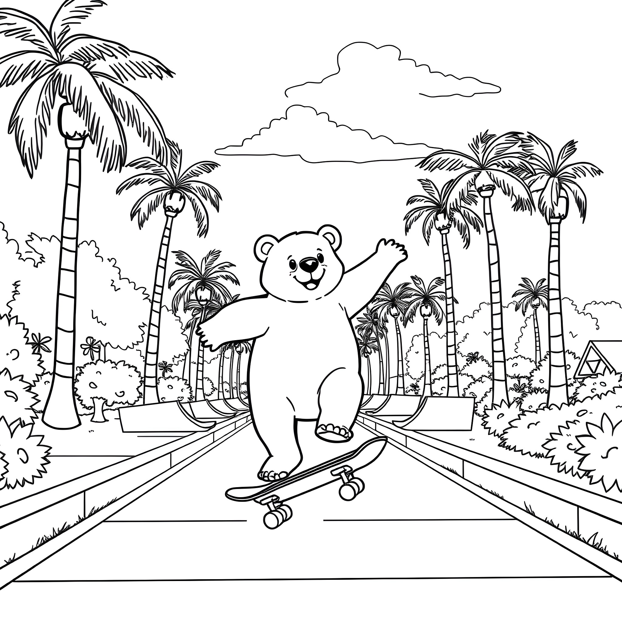 Bear skateboarding through a tropical paradise Coloring Page (free black-and-white line drawing printable PDF for all, from beginners to advanced learners, including children, teens, adults, and seniors)