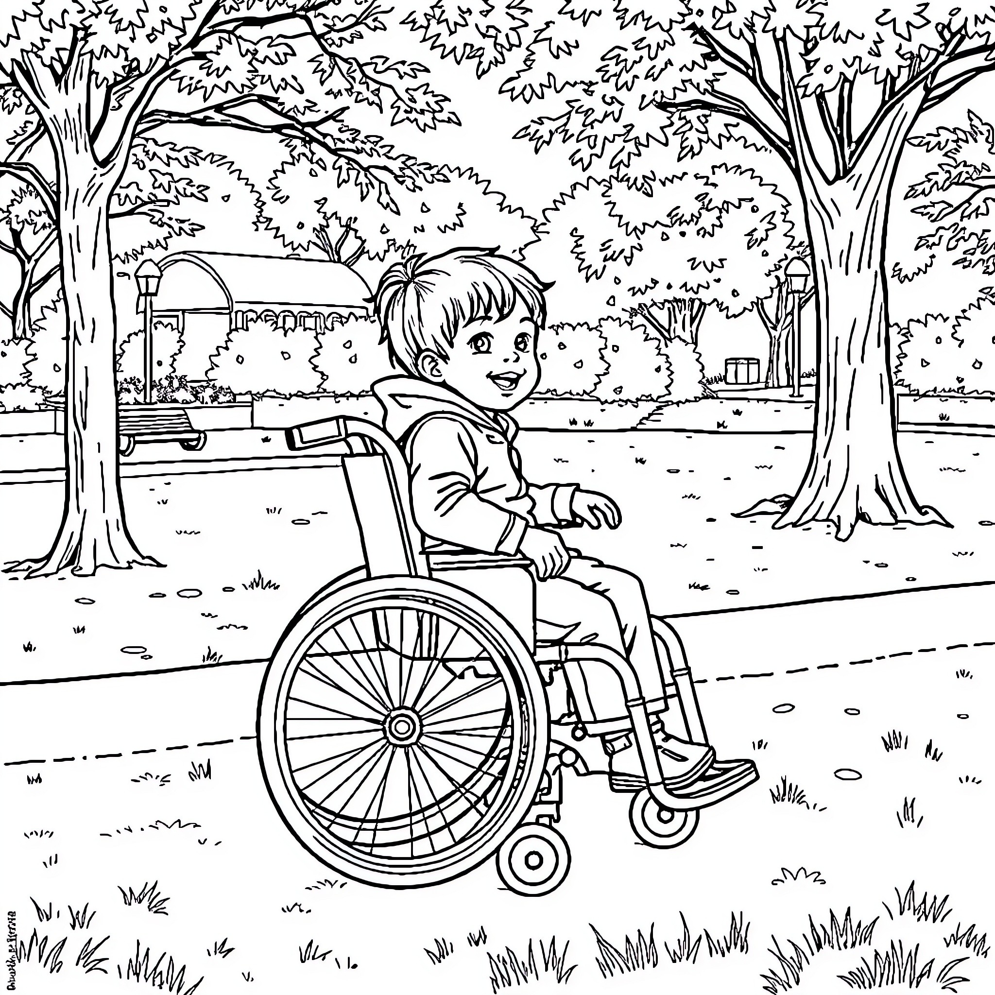 Child playing in wheelchair in park Coloring Page (free black-and-white line drawing printable PDF for all, from beginners to advanced learners, including children, teens, adults, and seniors)