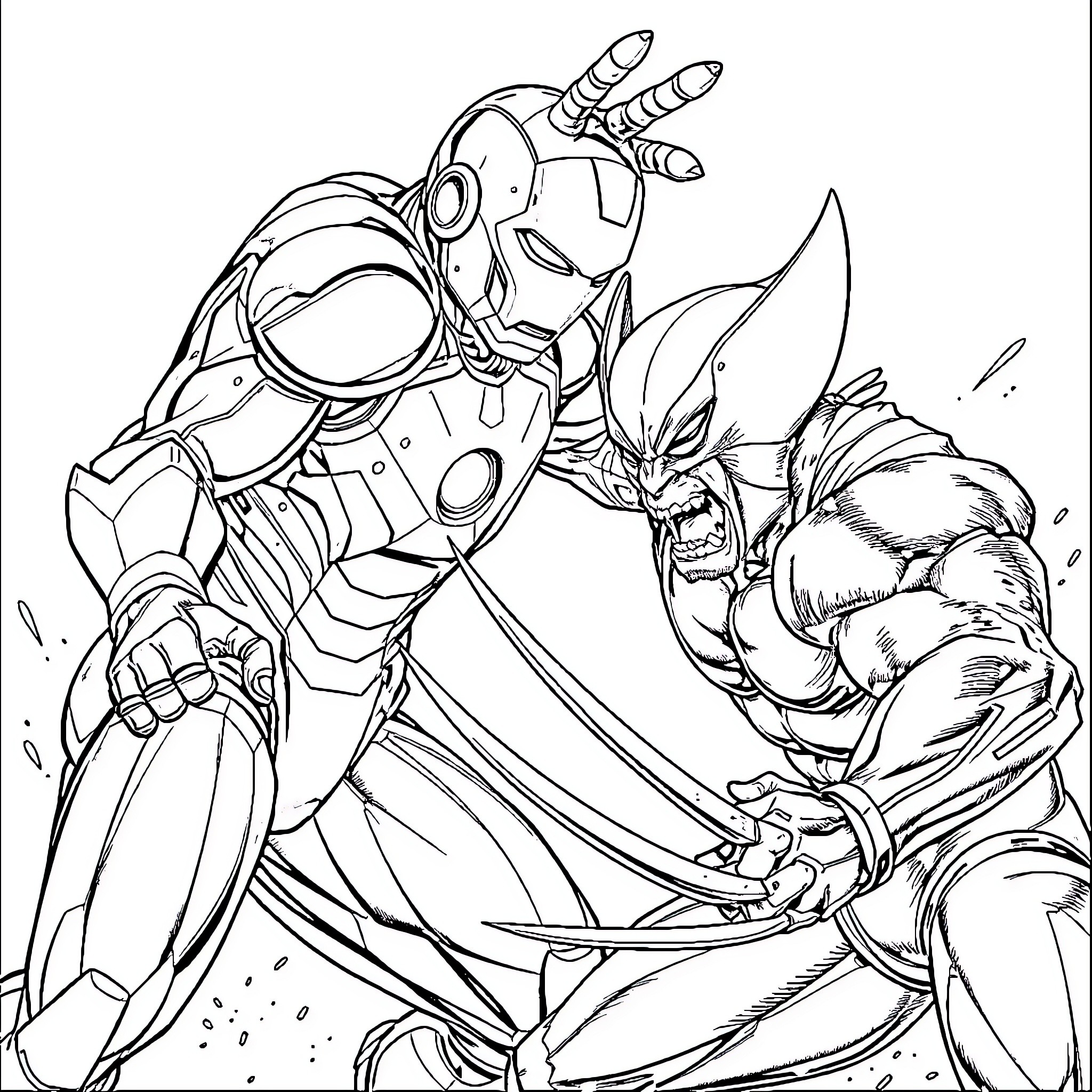 Ironman battling a fierce opponent in combat Coloring Page (free black-and-white line drawing printable PDF for all, from beginners to advanced learners, including children, teens, adults, and seniors)