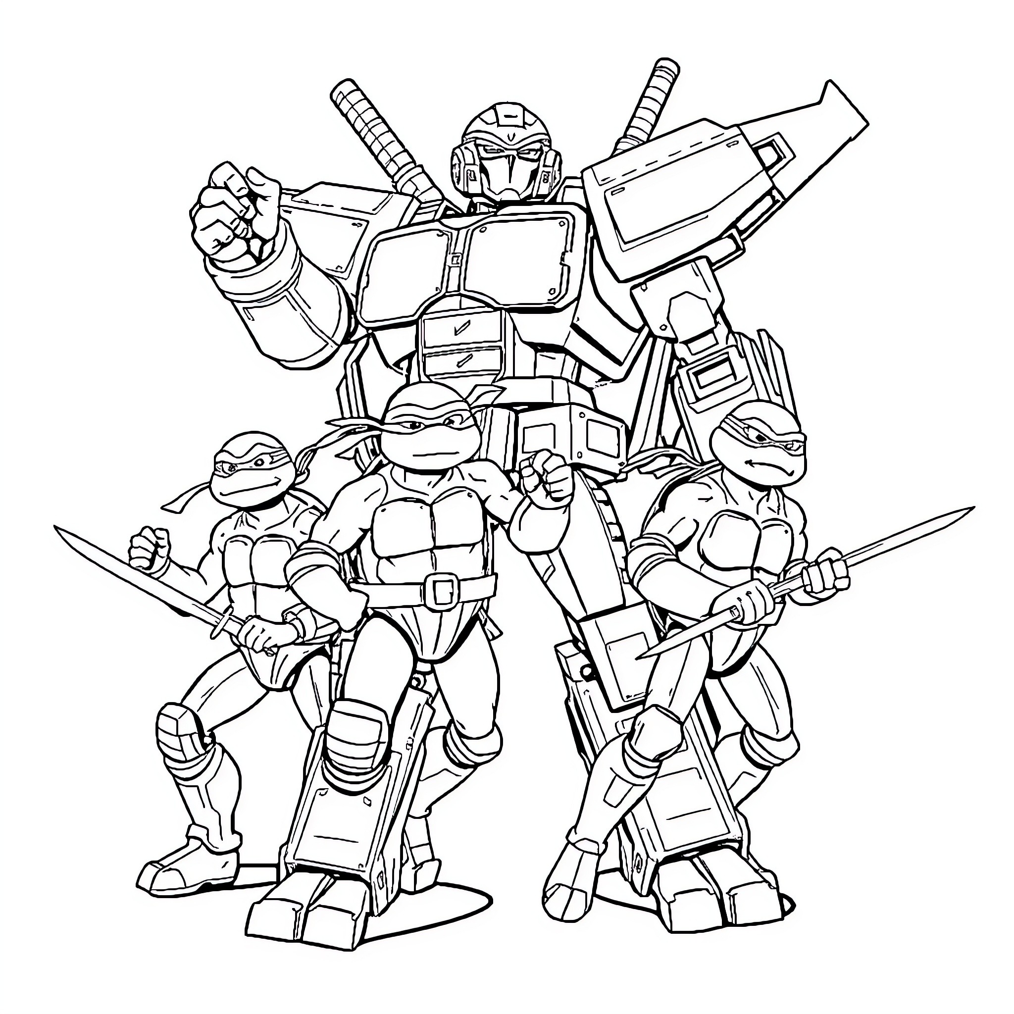 Ninja Turtle robots in action-packed pose Coloring Page (free black-and-white line drawing printable PDF for all, from beginners to advanced learners, including children, teens, adults, and seniors)