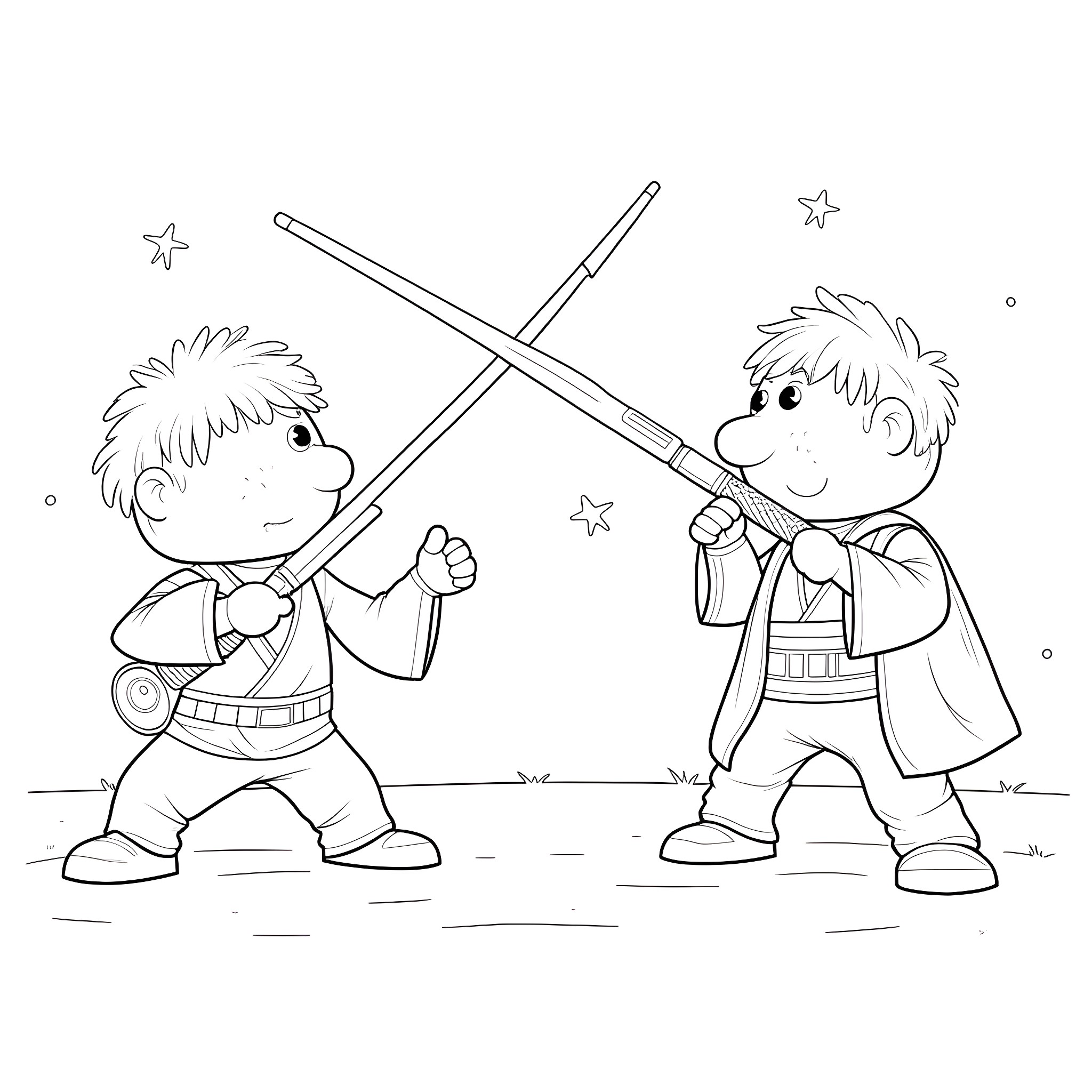 Bert and Ernie Engage in Lightsaber Duel Coloring Page (free black-and-white line drawing printable PDF for all, from beginners to advanced learners, including children, teens, adults, and seniors)