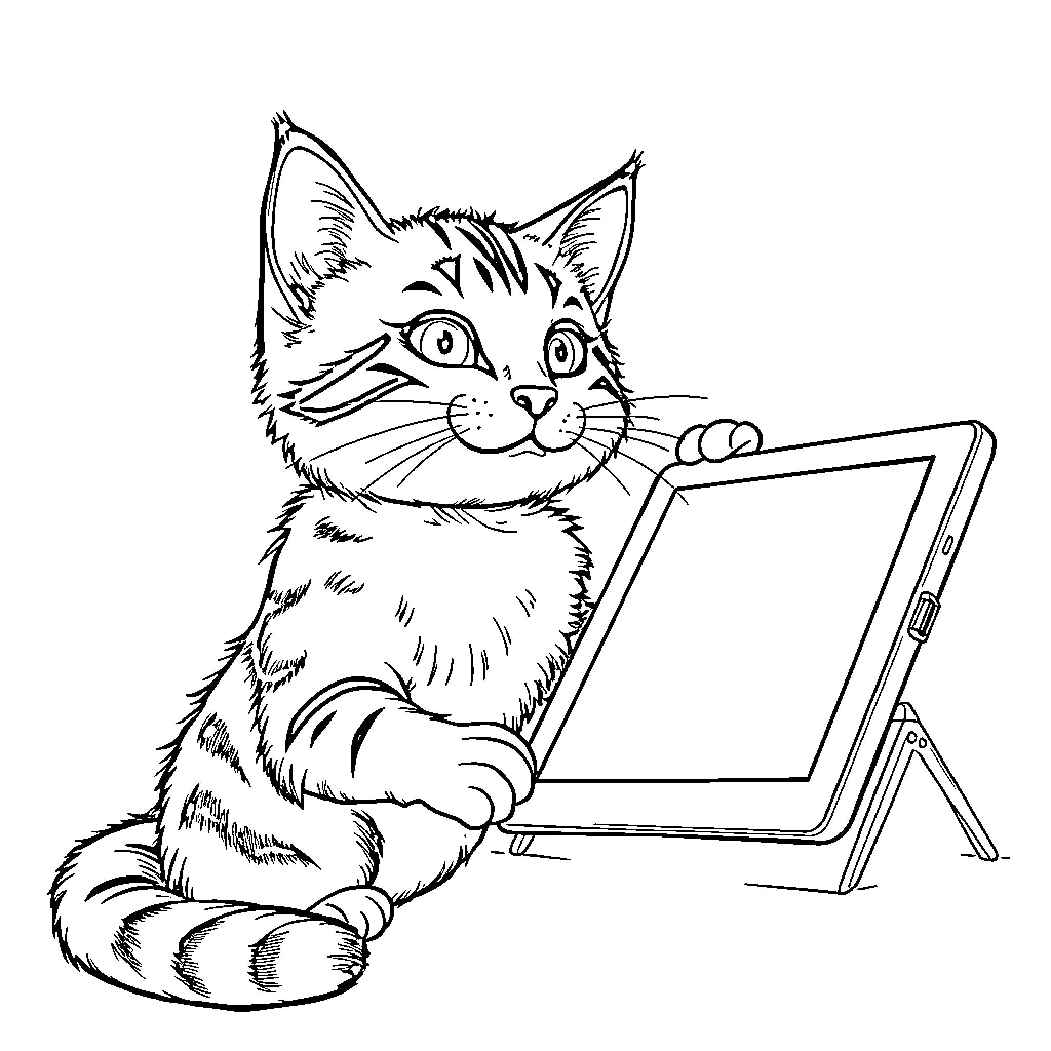 Cat using laptop with excitement Coloring Page (free black-and-white line drawing printable PDF for all, from beginners to advanced learners, including children, teens, adults, and seniors)
