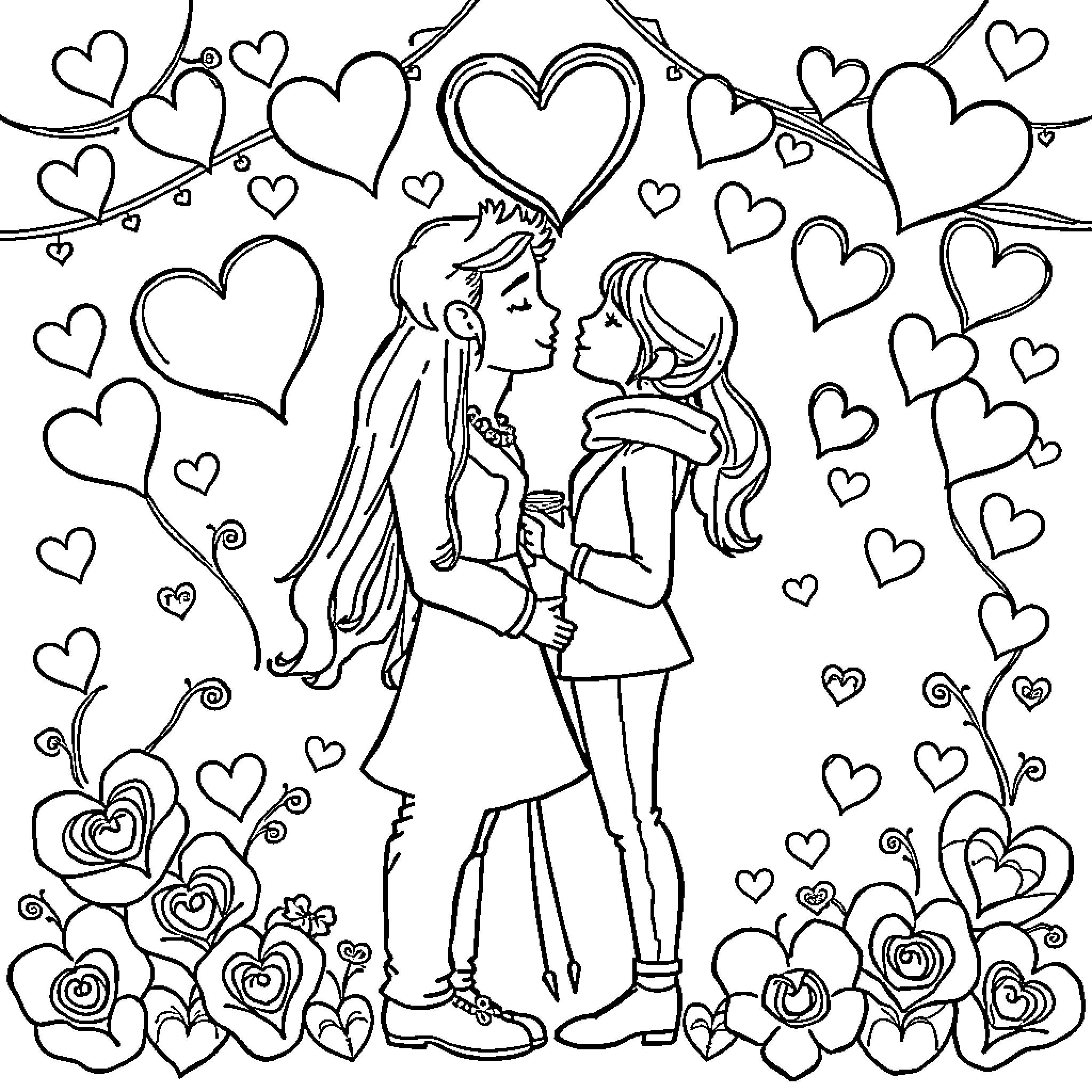 Love and Embrace of Affection Coloring Page (free black-and-white line drawing printable PDF for all, from beginners to advanced learners, including children, teens, adults, and seniors)