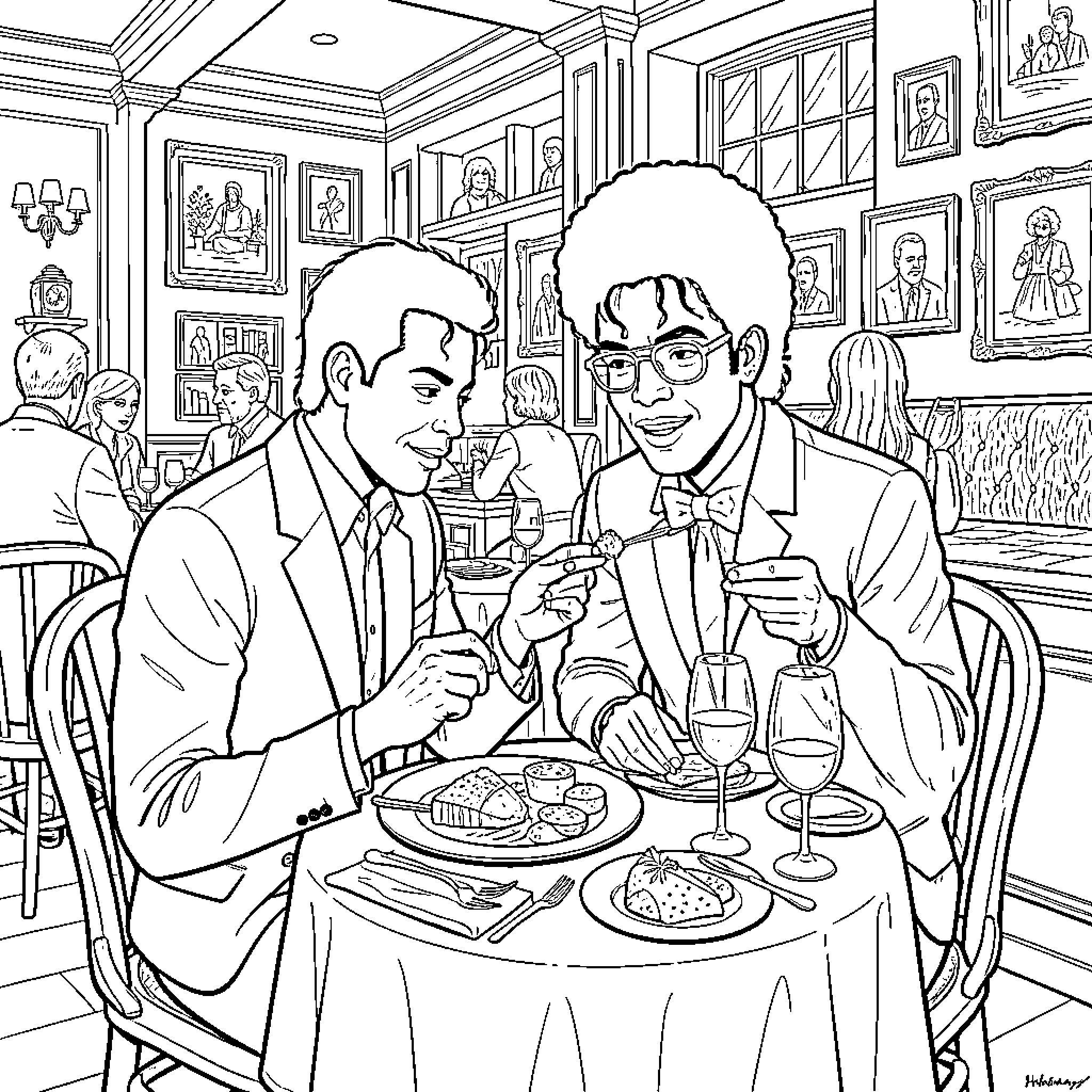 Michael Jackson dining at a restaurant with a friend Coloring Page (free black-and-white line drawing printable PDF for all, from beginners to advanced learners, including children, teens, adults, and seniors)