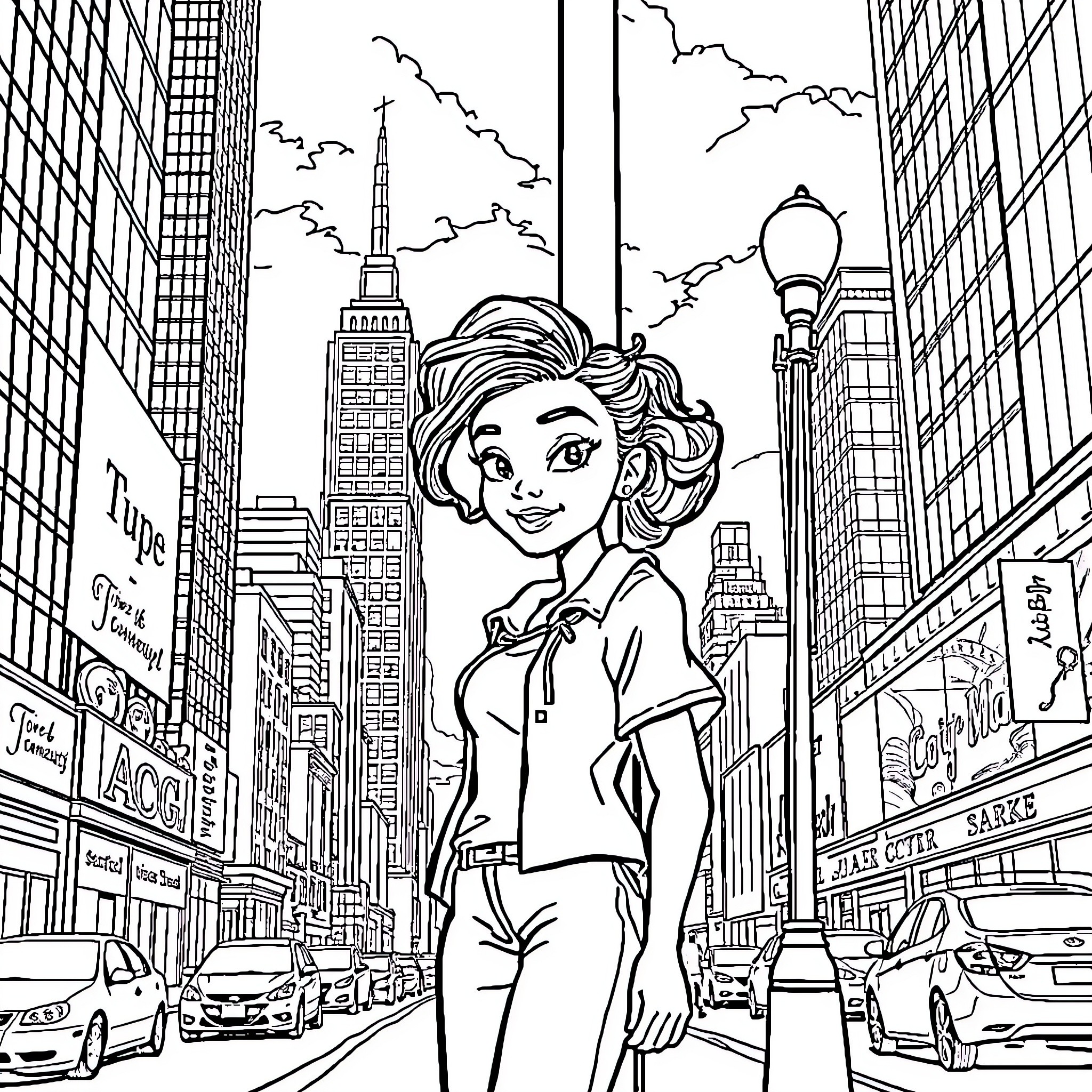 Girl exploring the bustling city streets Coloring Page (free black-and-white line drawing printable PDF for all, from beginners to advanced learners, including children, teens, adults, and seniors)