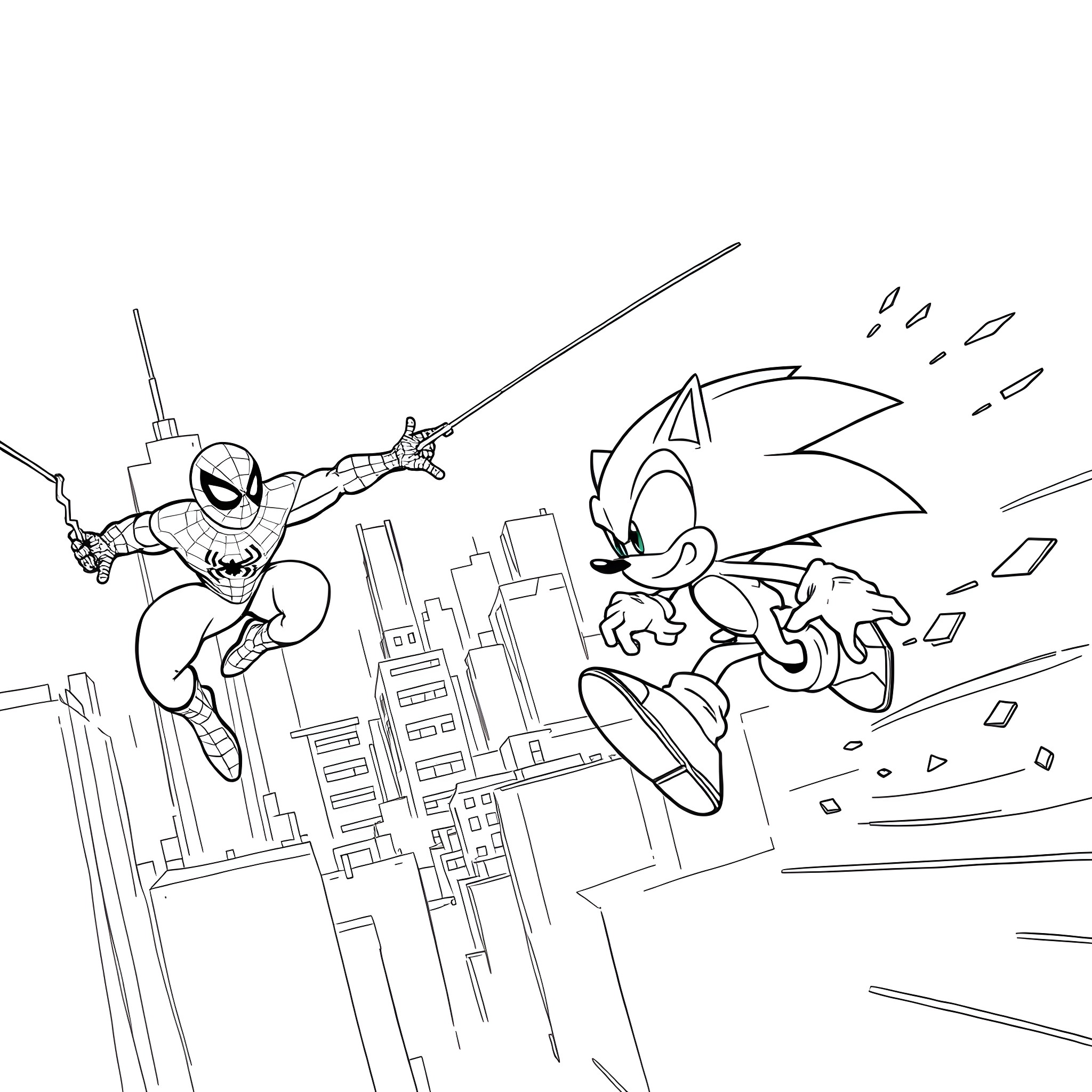 Spiderman chasing Sonic the Hedgehog through the city Coloring Page (free black-and-white line drawing printable PDF for all, from beginners to advanced learners, including children, teens, adults, and seniors)