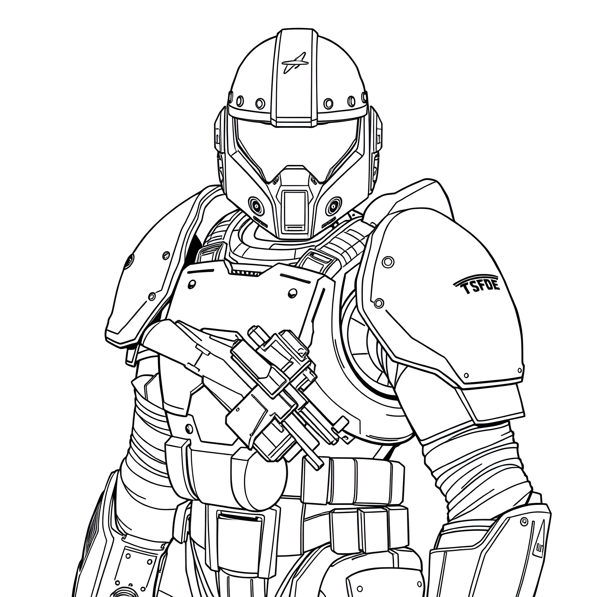 Soldier in Futuristic Combat Gear Coloring Page (free black-and-white line drawing printable PDF for all, from beginners to advanced learners, including children, teens, adults, and seniors)