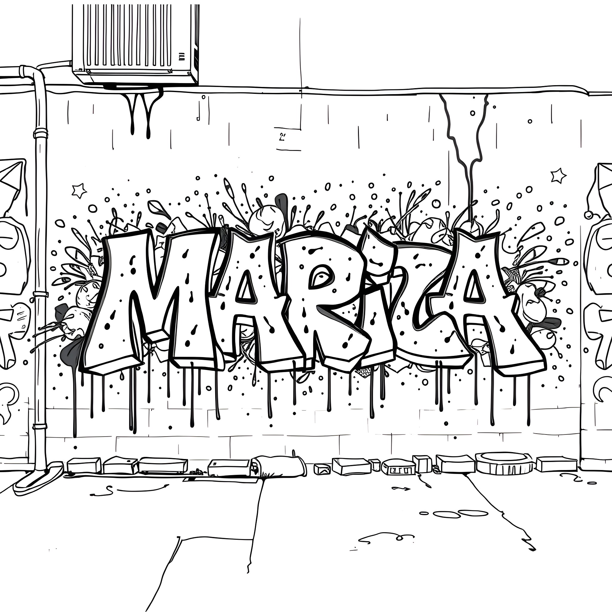 Name the graffiti artwork on the wall Coloring Page (free black-and-white line drawing printable PDF for all, from beginners to advanced learners, including children, teens, adults, and seniors)