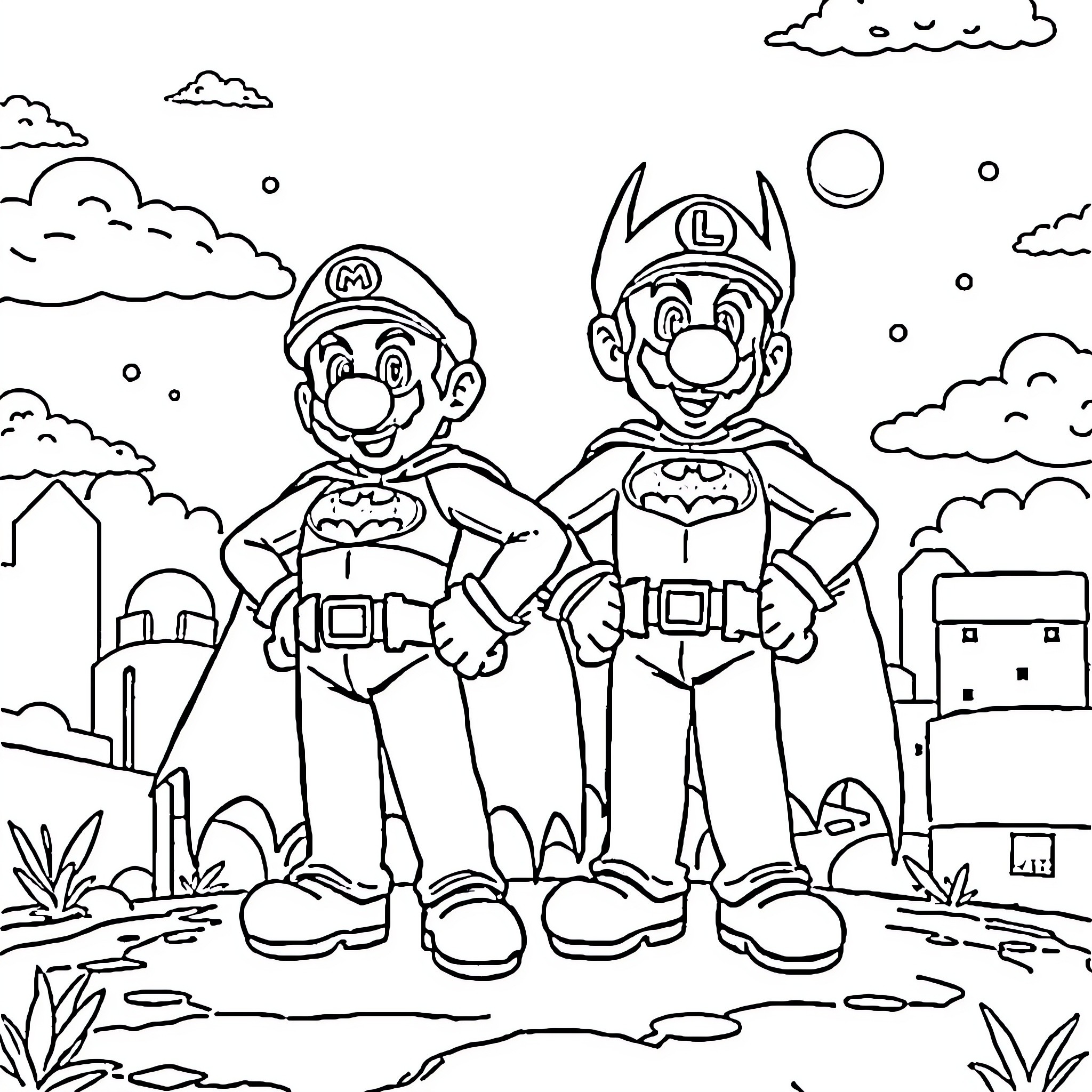 Mario and Luigi's Super Adventure Coloring Page (free black-and-white line drawing printable PDF for all, from beginners to advanced learners, including children, teens, adults, and seniors)