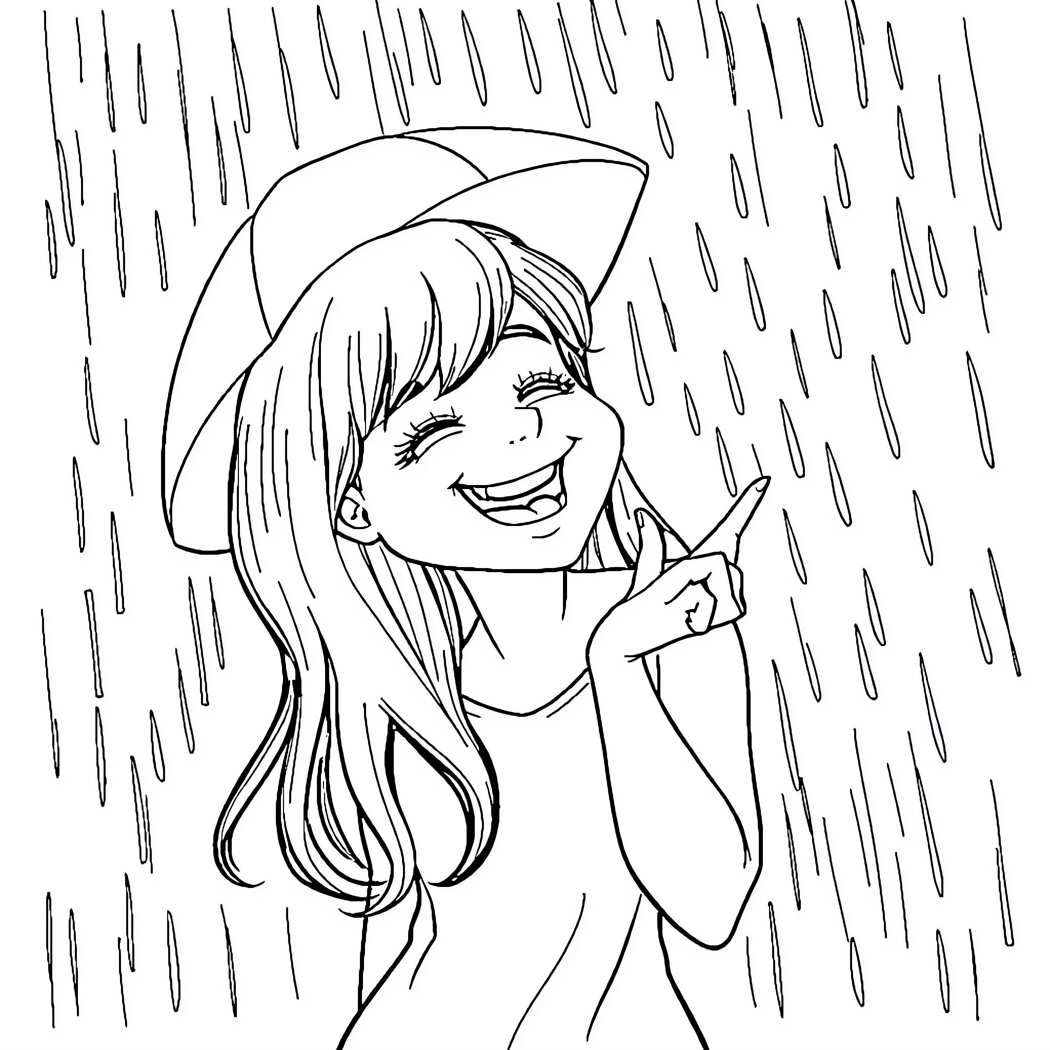 Sophie enjoying the rain with a smile Coloring Page (free black-and-white line drawing printable PDF for all, from beginners to advanced learners, including children, teens, adults, and seniors)