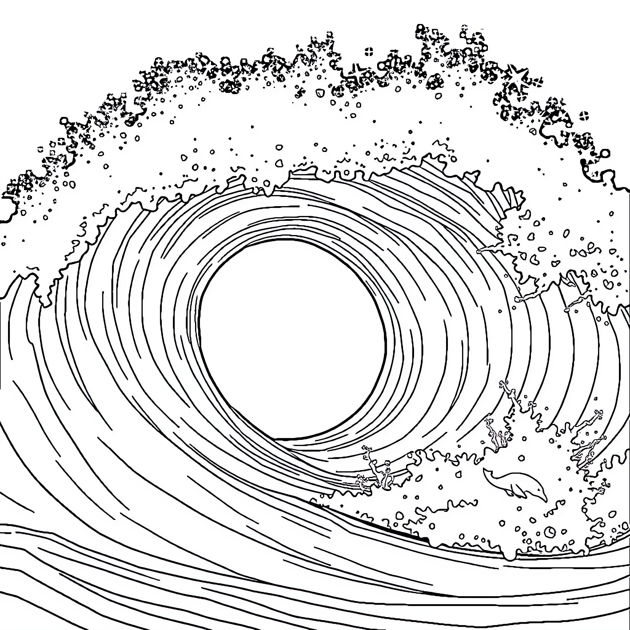 Carapuce surfing the massive ocean wave Coloring Page (free black-and-white line drawing printable PDF for all, from beginners to advanced learners, including children, teens, adults, and seniors)