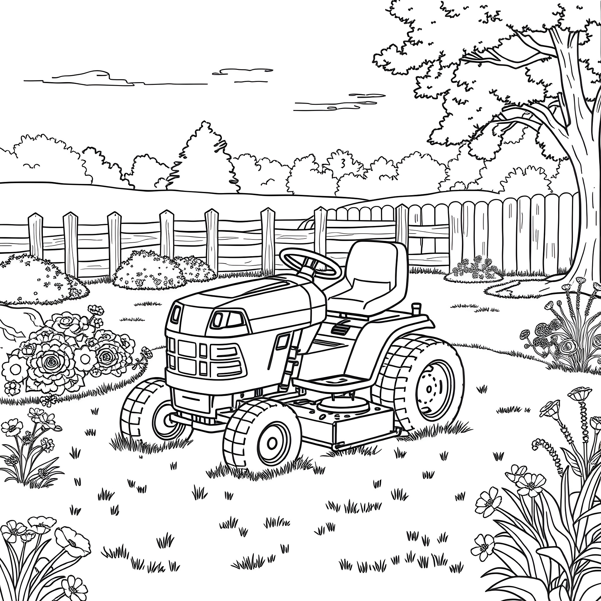 Riding Mower Cutting Grass in a Scenic Backyard Coloring Page (free black-and-white line drawing printable PDF for all, from beginners to advanced learners, including children, teens, adults, and seniors)