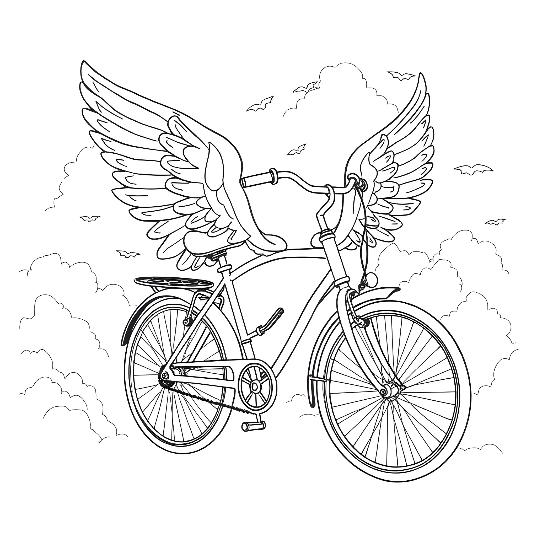 Bicycle with angelic wings in the sky Coloring Page (free black-and-white line drawing printable PDF for all, from beginners to advanced learners, including children, teens, adults, and seniors)