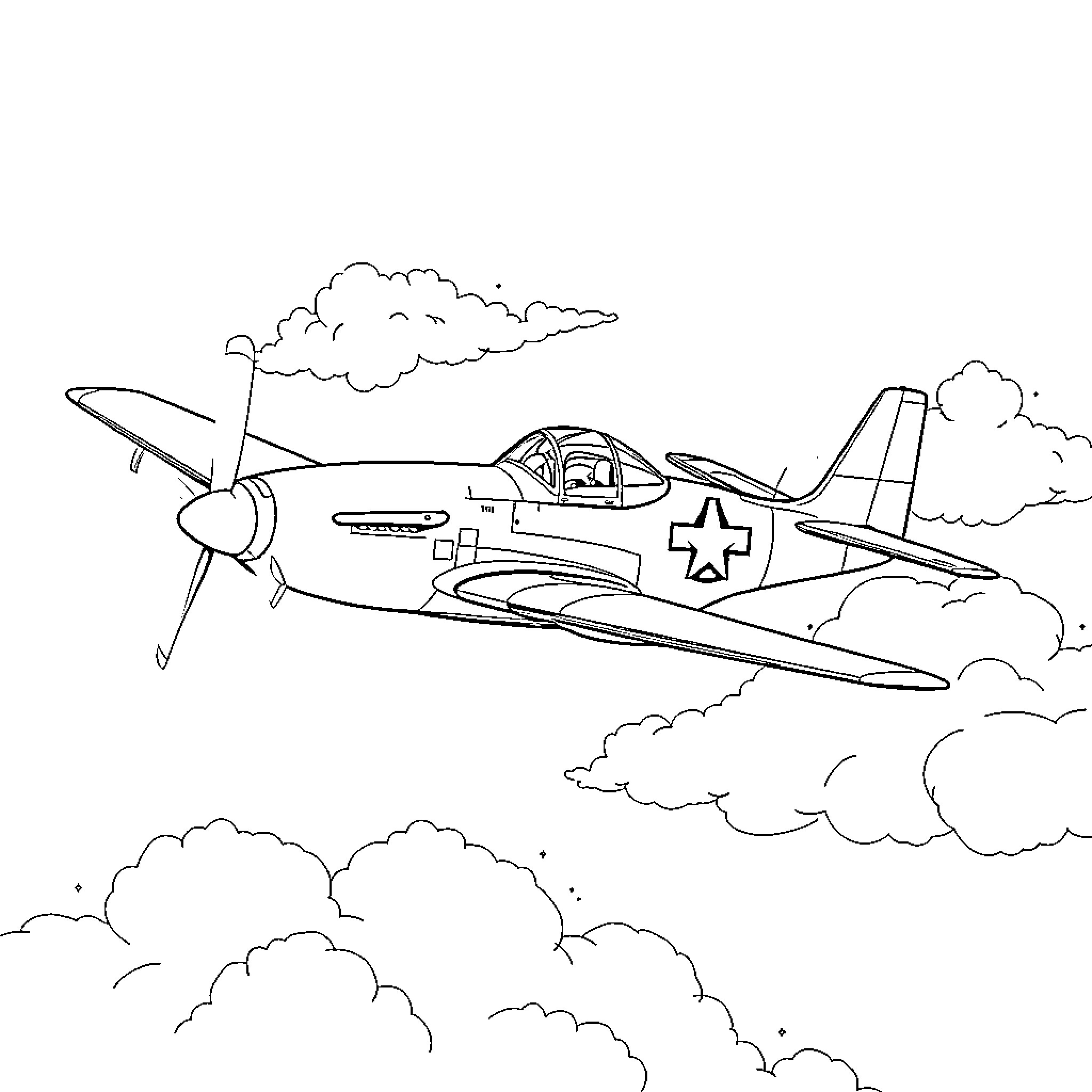 P-51 Mustang soaring through the clouds Coloring Page (free black-and-white line drawing printable PDF for all, from beginners to advanced learners, including children, teens, adults, and seniors)