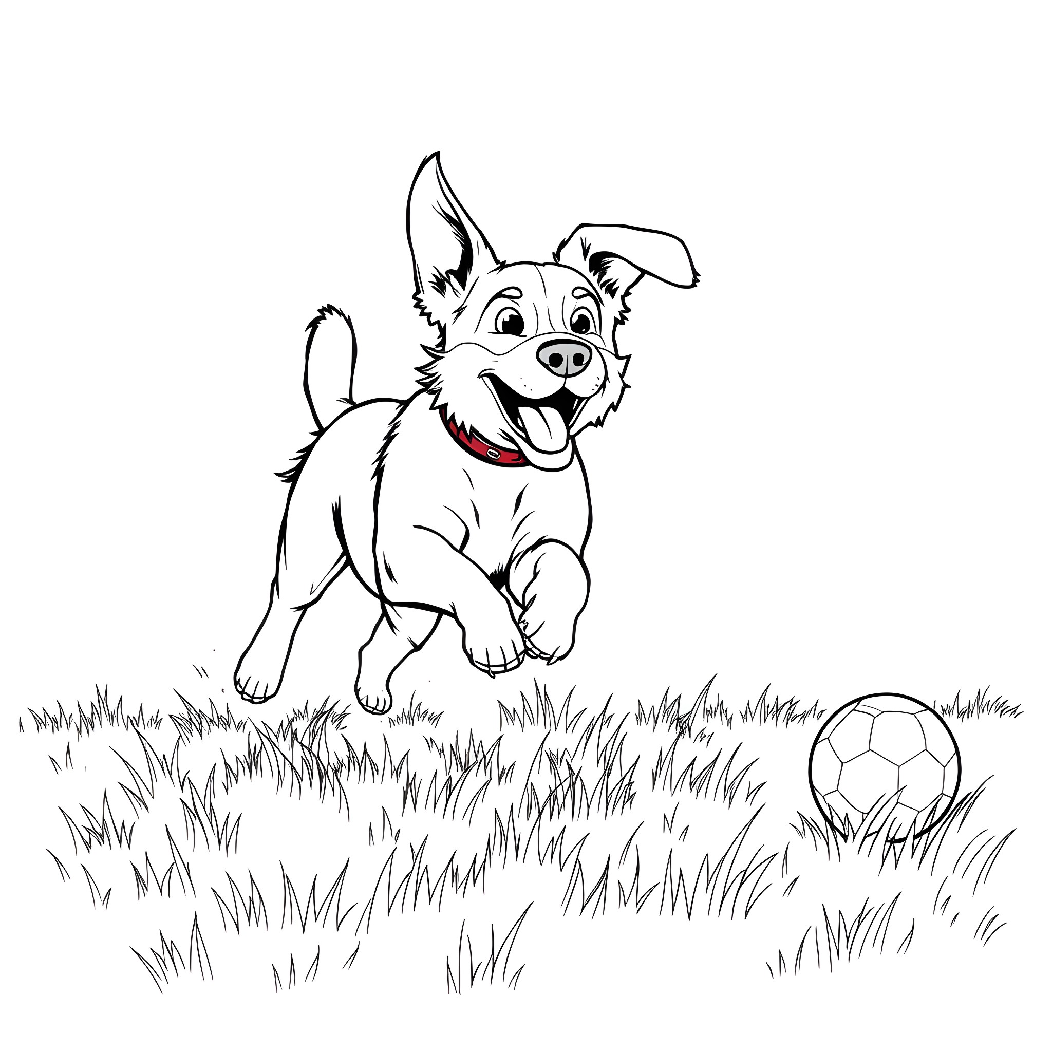 Dog playing happily with ball in the grass Coloring Page (free black-and-white line drawing printable PDF for all, from beginners to advanced learners, including children, teens, adults, and seniors)