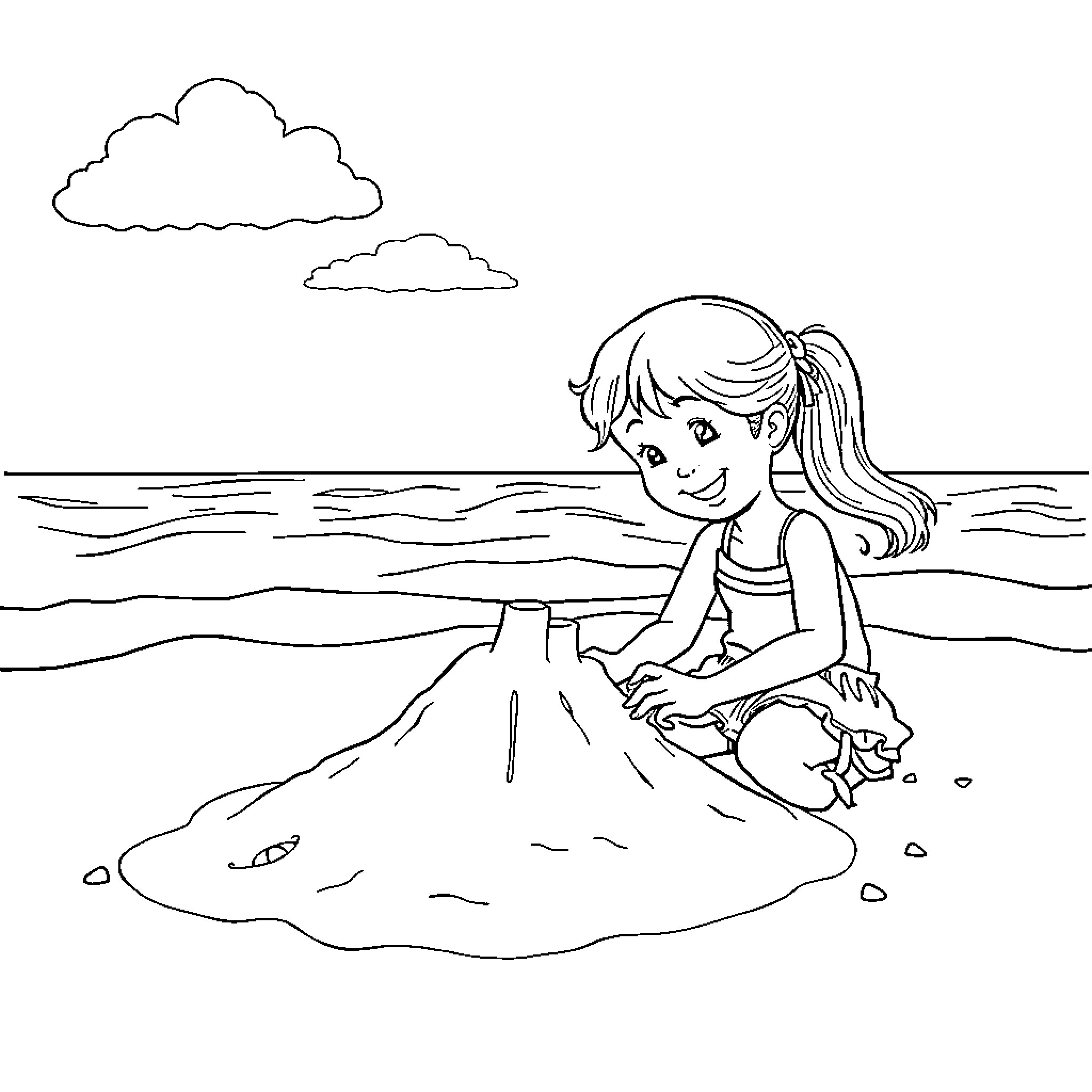Girl playing in the sand at the beach Coloring Page (free black-and-white line drawing printable PDF for all, from beginners to advanced learners, including children, teens, adults, and seniors)