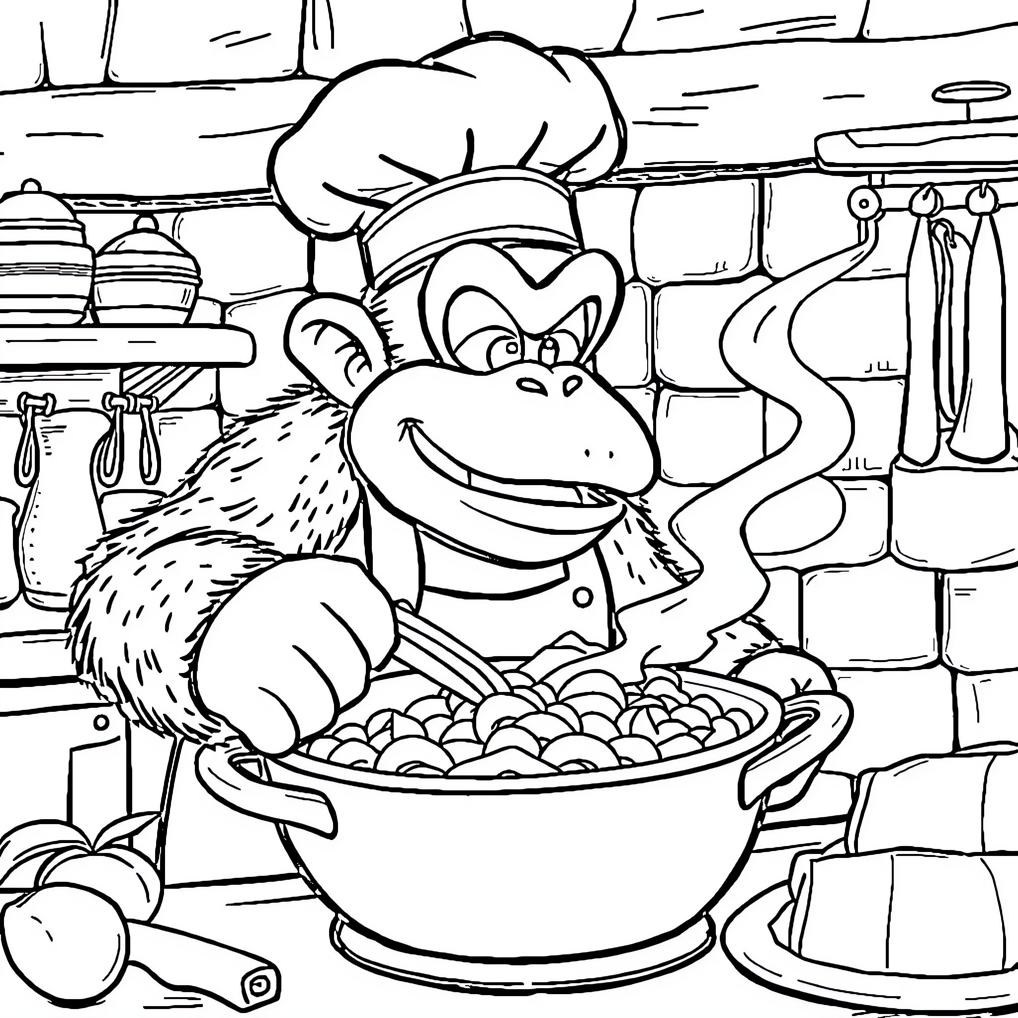 Donkey Kong Preparing a Hearty Meal in the Kitchen Coloring Page (free black-and-white line drawing printable PDF for all, from beginners to advanced learners, including children, teens, adults, and seniors)