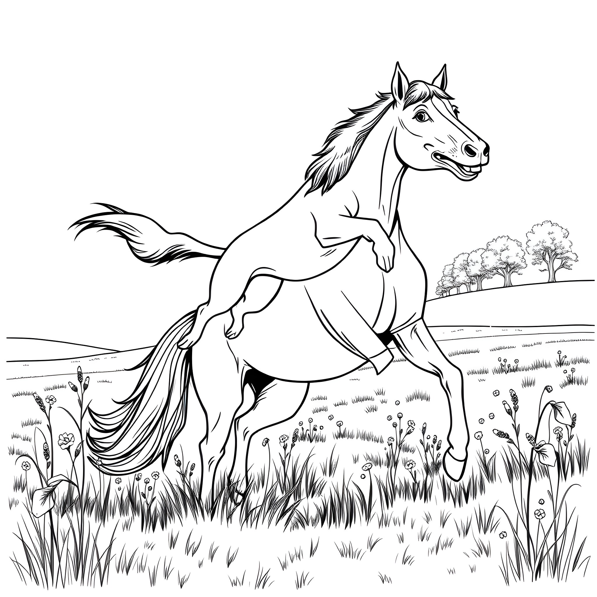 Dog galloping through a lush meadow Coloring Page (free black-and-white line drawing printable PDF for all, from beginners to advanced learners, including children, teens, adults, and seniors)
