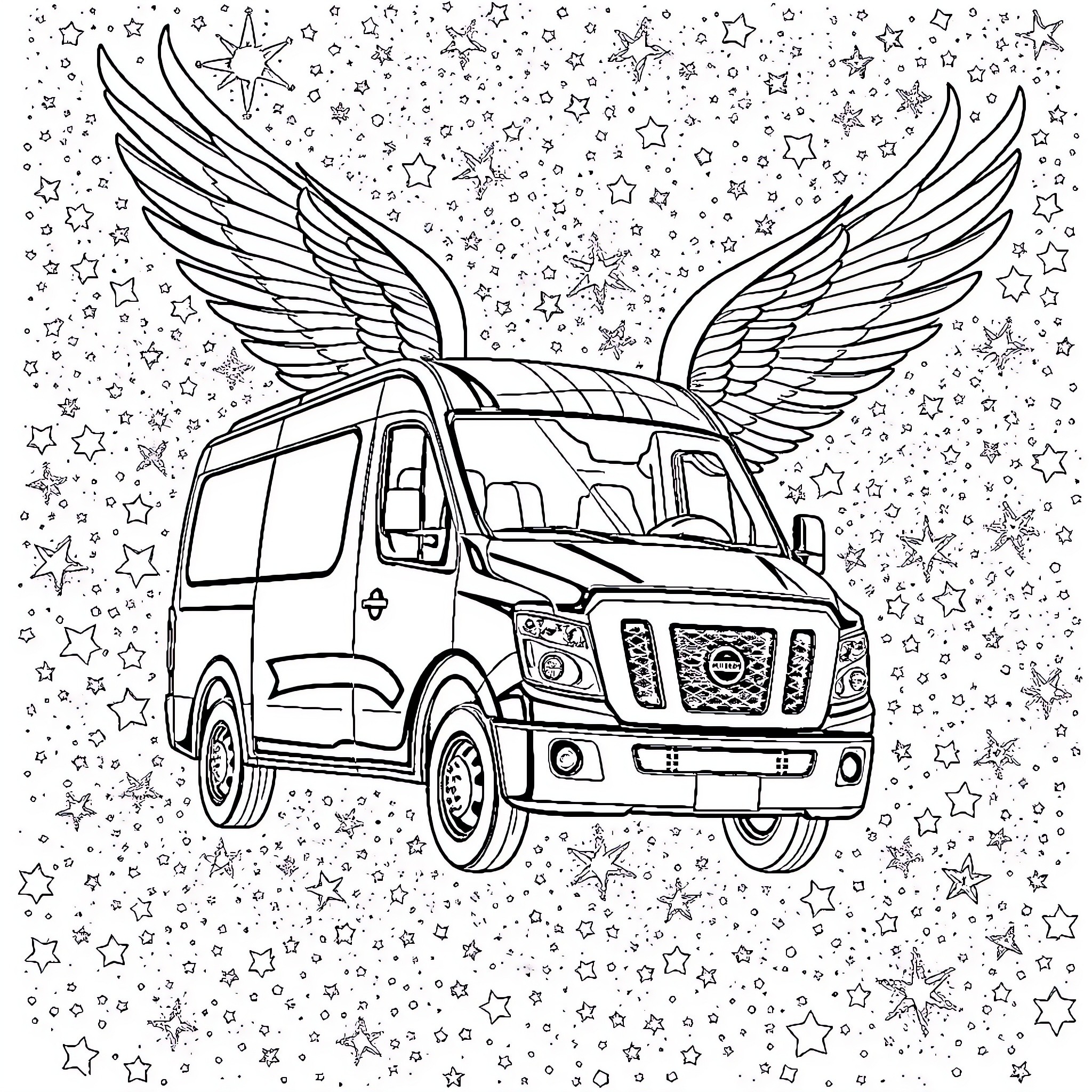 Nissan van with wings soaring among the stars Coloring Page (free black-and-white line drawing printable PDF for all, from beginners to advanced learners, including children, teens, adults, and seniors)