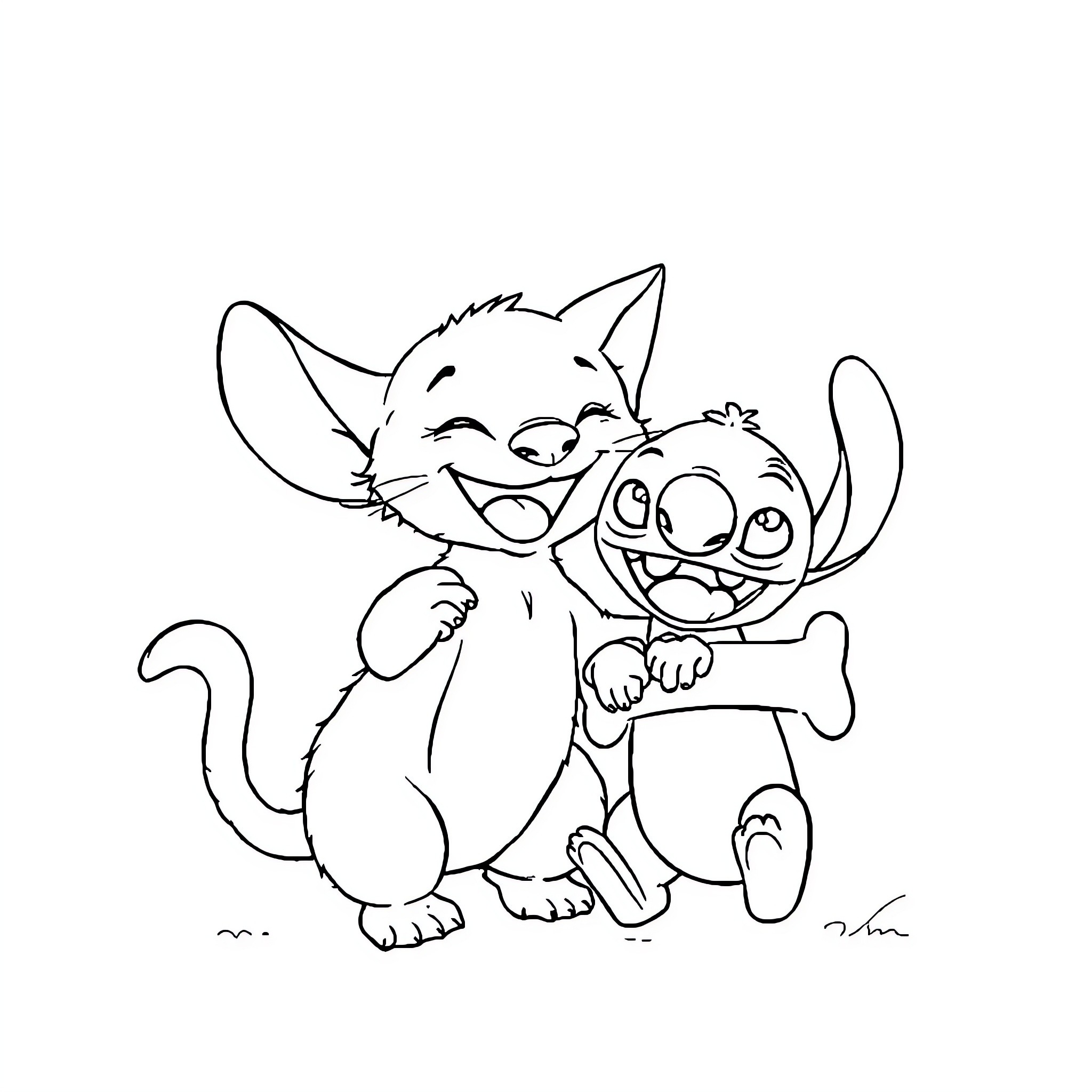 Cats playing and hugging happily Coloring Page (free black-and-white line drawing printable PDF for all, from beginners to advanced learners, including children, teens, adults, and seniors)