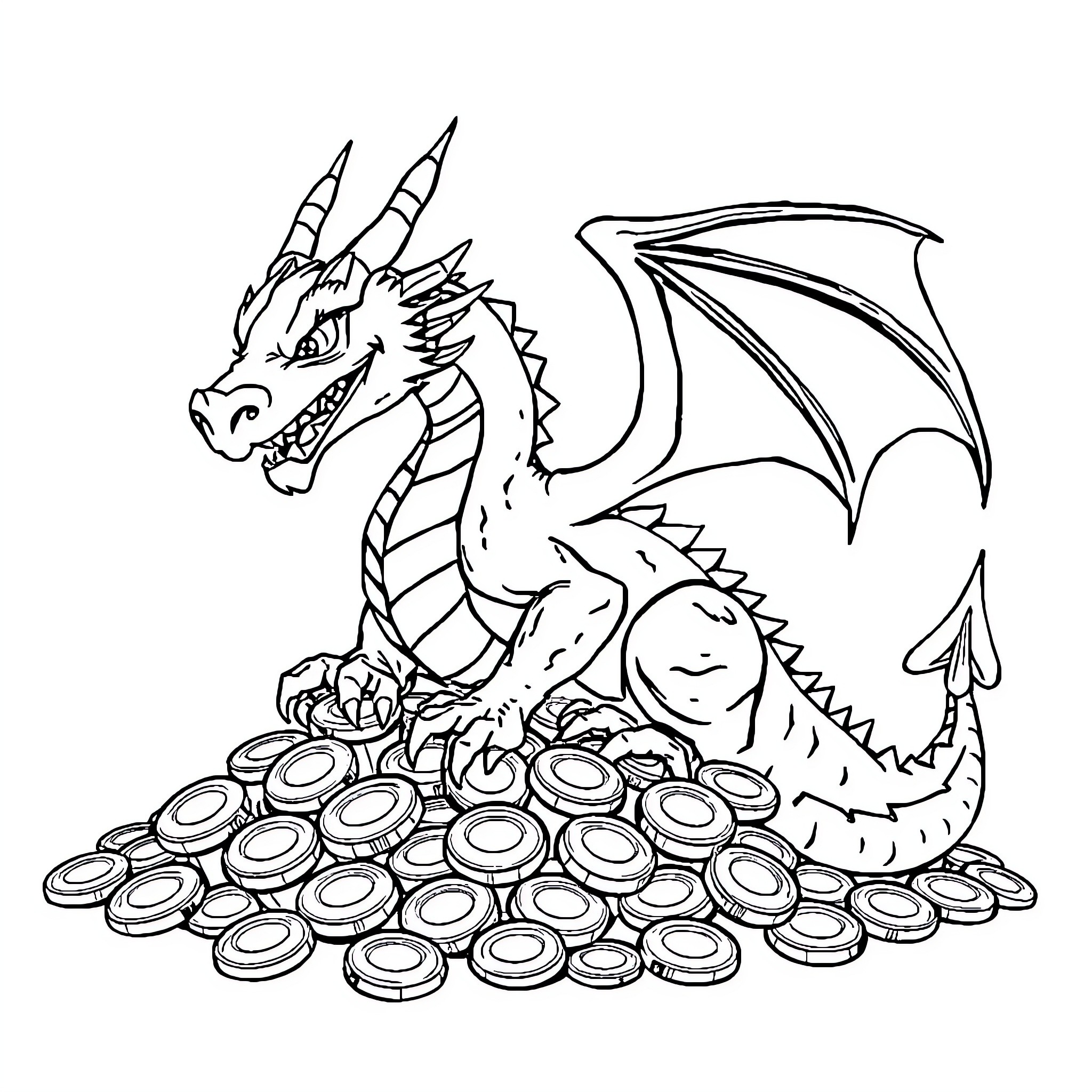 Dragon guarding its treasure hoard Coloring Page (free black-and-white line drawing printable PDF for all, from beginners to advanced learners, including children, teens, adults, and seniors)
