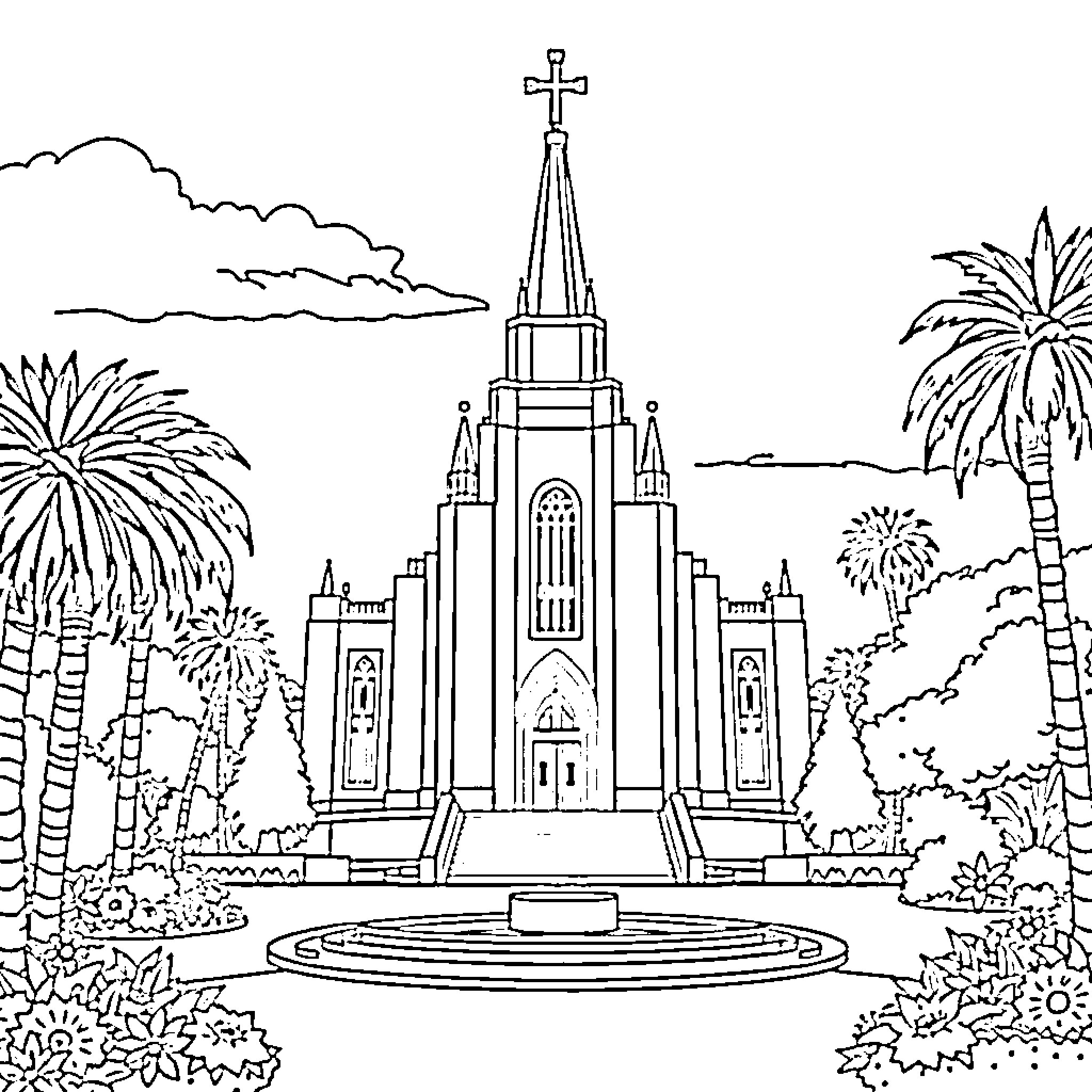 LDS Temple with majestic architecture and scenic surroundings Coloring Page (free black-and-white line drawing printable PDF for all, from beginners to advanced learners, including children, teens, adults, and seniors)