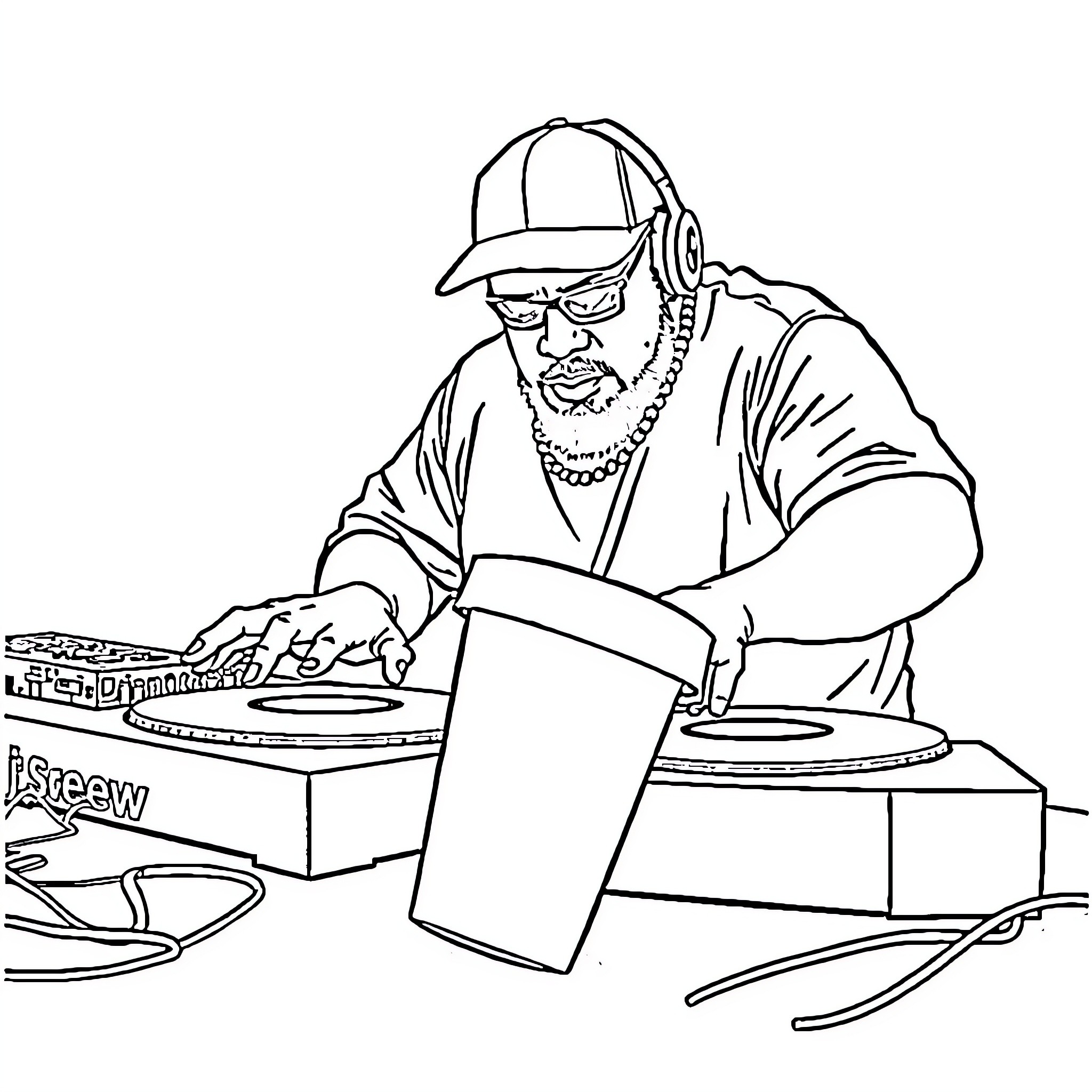 DJ Screw mixing tracks at the turntables Coloring Page (free black-and-white line drawing printable PDF for all, from beginners to advanced learners, including children, teens, adults, and seniors)