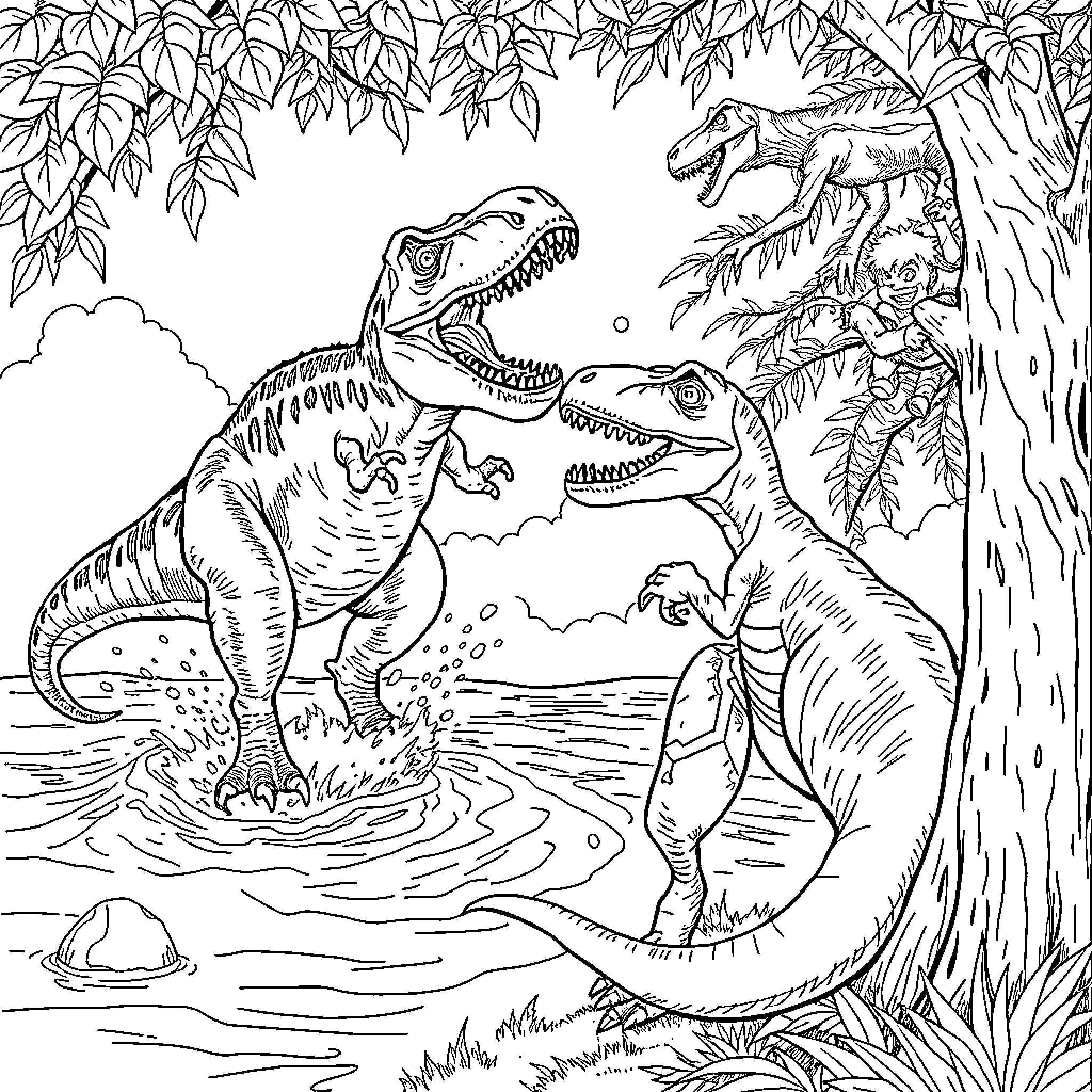 Mosasaurus Ferocious Encounter in Prehistoric Landscape Coloring Page (free black-and-white line drawing printable PDF for all, from beginners to advanced learners, including children, teens, adults, and seniors)