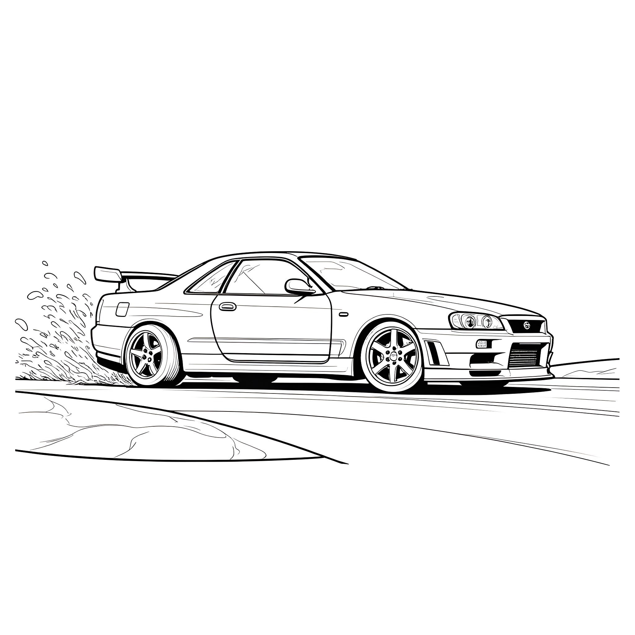 Nissan R34 speeding down the road Coloring Page (free black-and-white line drawing printable PDF for all, from beginners to advanced learners, including children, teens, adults, and seniors)