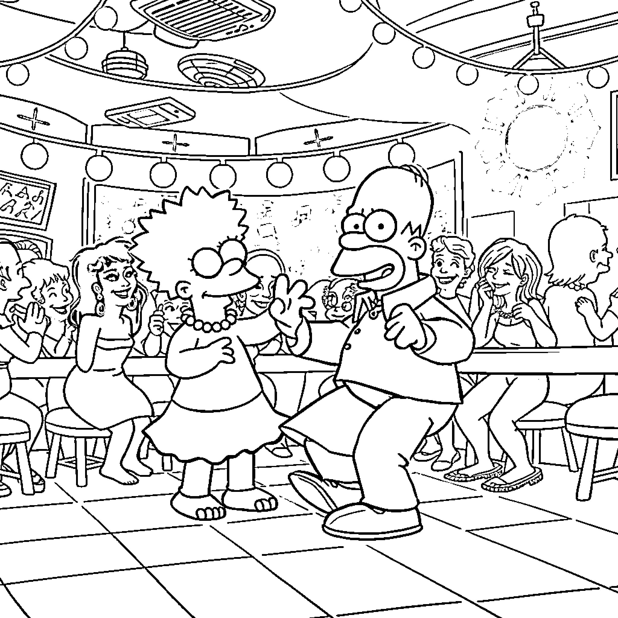 Simpson family enjoying a lively party Coloring Page (free black-and-white line drawing printable PDF for all, from beginners to advanced learners, including children, teens, adults, and seniors)