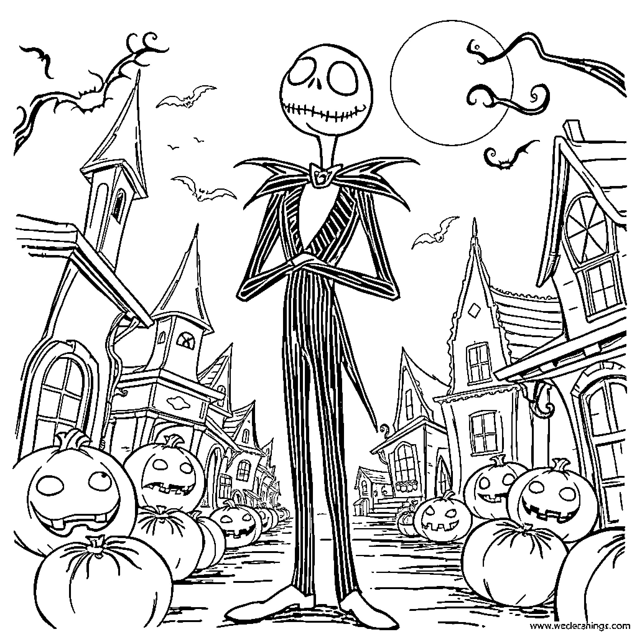 Jack Skellington stands tall in a spooky town Coloring Page (free black-and-white line drawing printable PDF for all, from beginners to advanced learners, including children, teens, adults, and seniors)