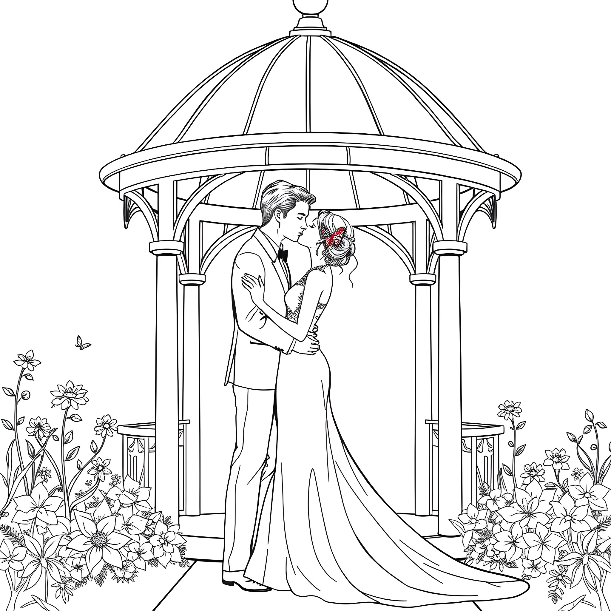 Woman embracing her partner in gazebo with floral decor Coloring Page (free black-and-white line drawing printable PDF for all, from beginners to advanced learners, including children, teens, adults, and seniors)