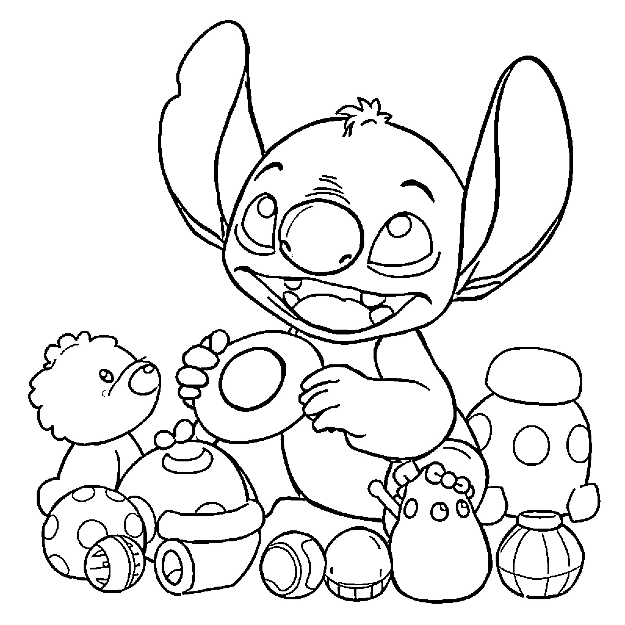 Stitch surrounded by colorful toys and objects Coloring Page (free black-and-white line drawing printable PDF for all, from beginners to advanced learners, including children, teens, adults, and seniors)