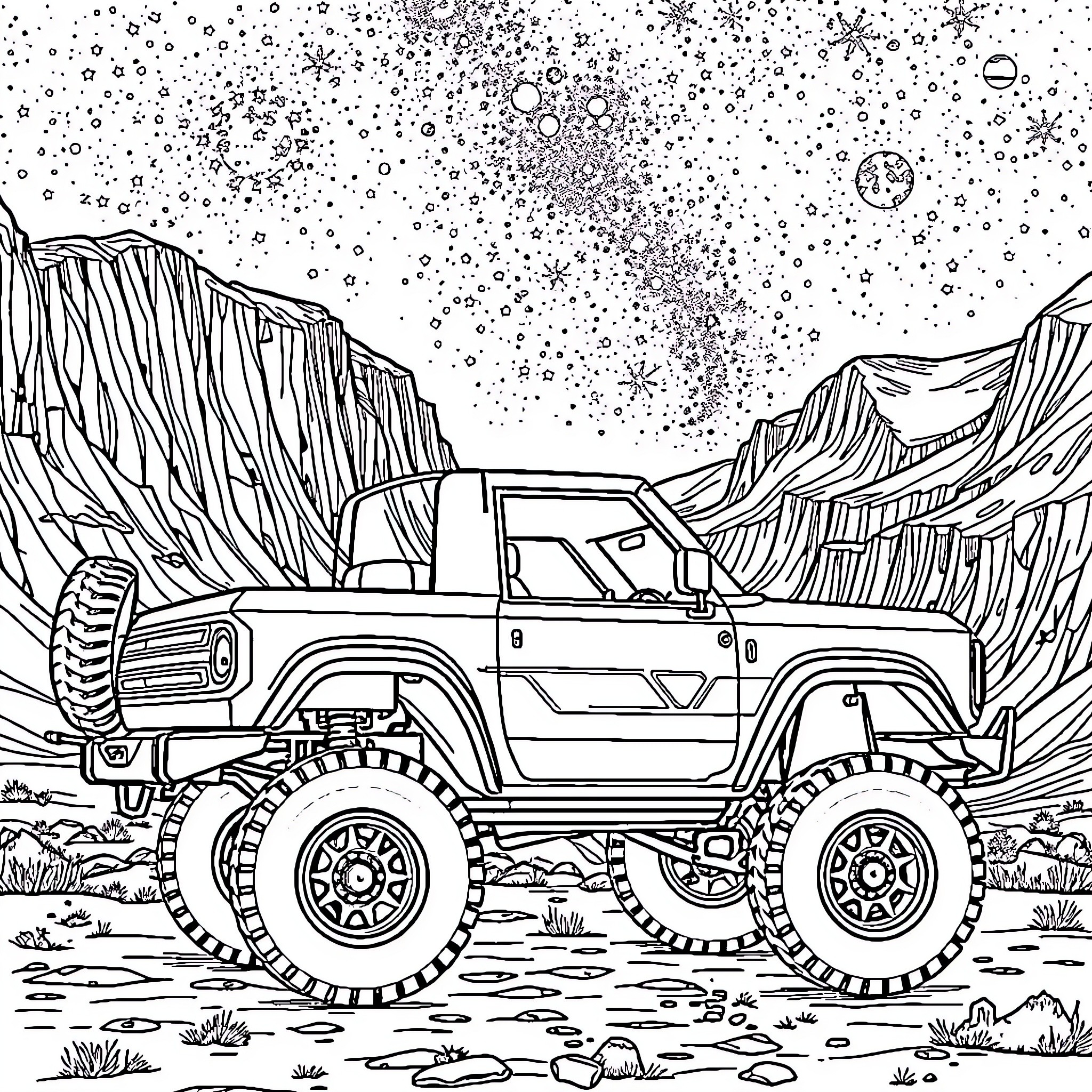 Ford Bronco Traversing Rugged Mountainous Terrain Coloring Page (free black-and-white line drawing printable PDF for all, from beginners to advanced learners, including children, teens, adults, and seniors)