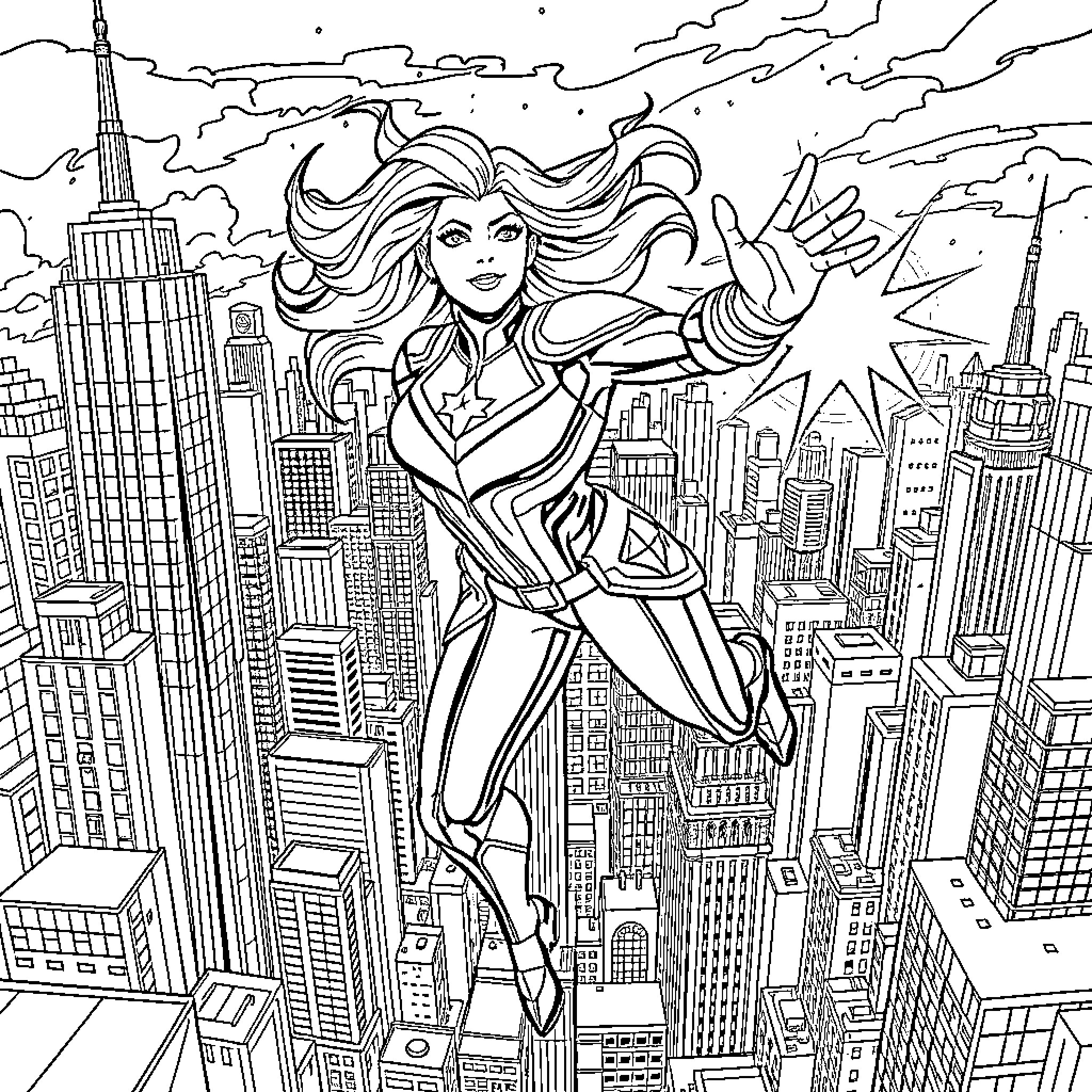 Captain Marvel soaring over the city skyline Coloring Page (free black-and-white line drawing printable PDF for all, from beginners to advanced learners, including children, teens, adults, and seniors)