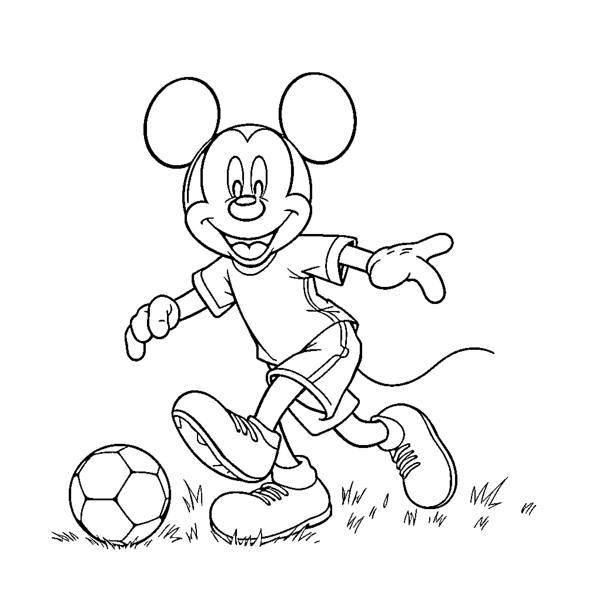 Mickey Mouse playing with soccer ball Coloring Page (free black-and-white line drawing printable PDF for all, from beginners to advanced learners, including children, teens, adults, and seniors)
