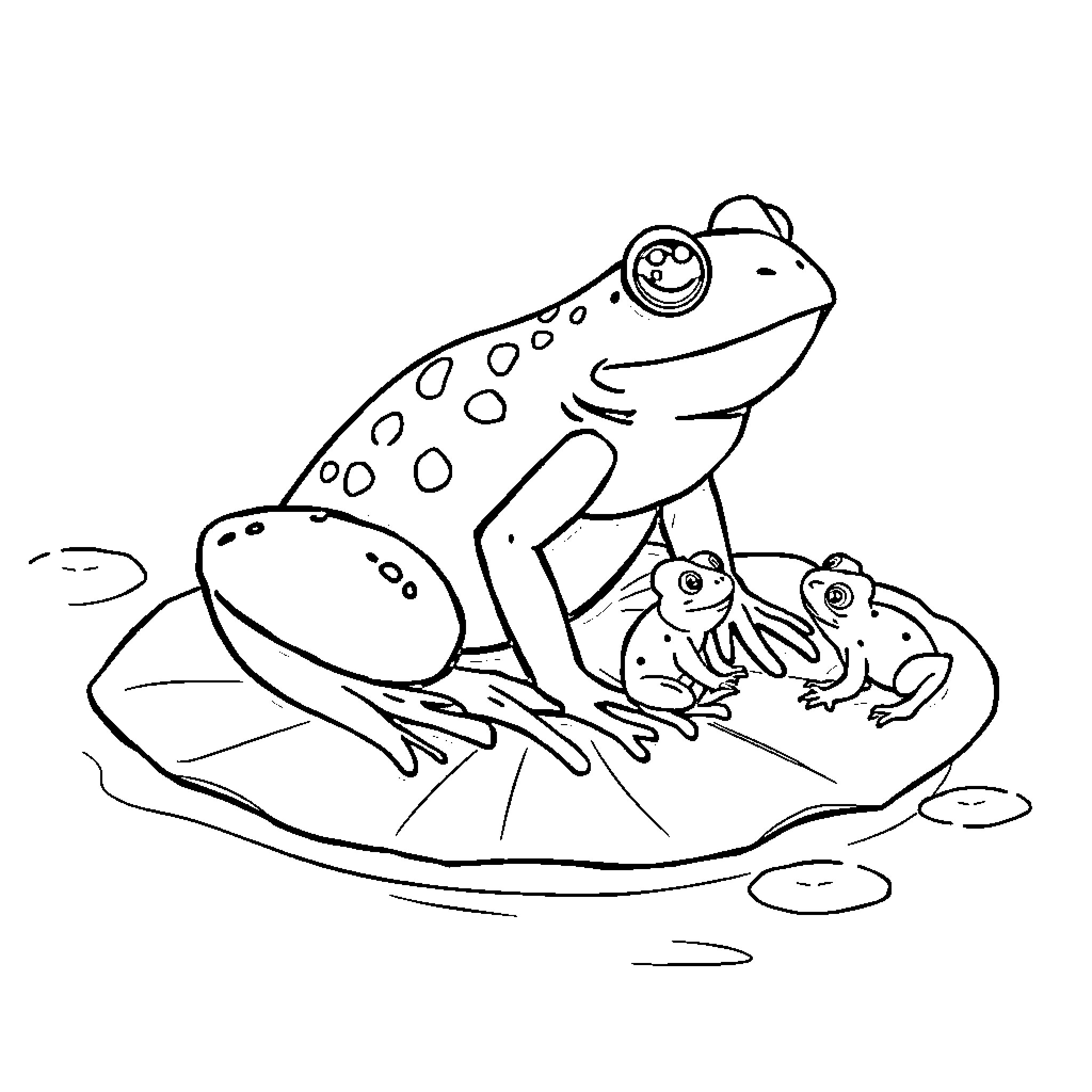 Frog resting with baby frogs on lily pad Coloring Page (free black-and-white line drawing printable PDF for all, from beginners to advanced learners, including children, teens, adults, and seniors)