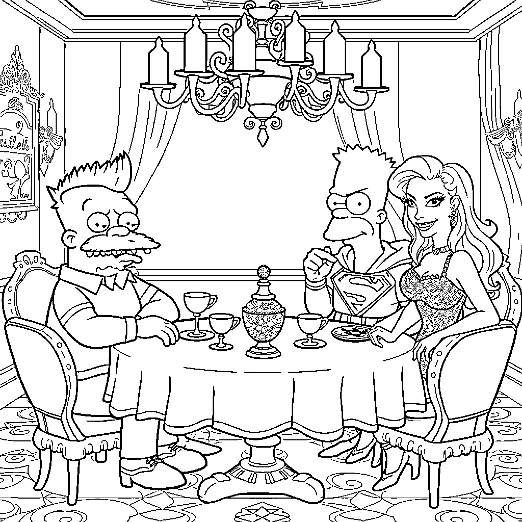 Character Dining in a Lavish Setting Coloring Page (free black-and-white line drawing printable PDF for all, from beginners to advanced learners, including children, teens, adults, and seniors)