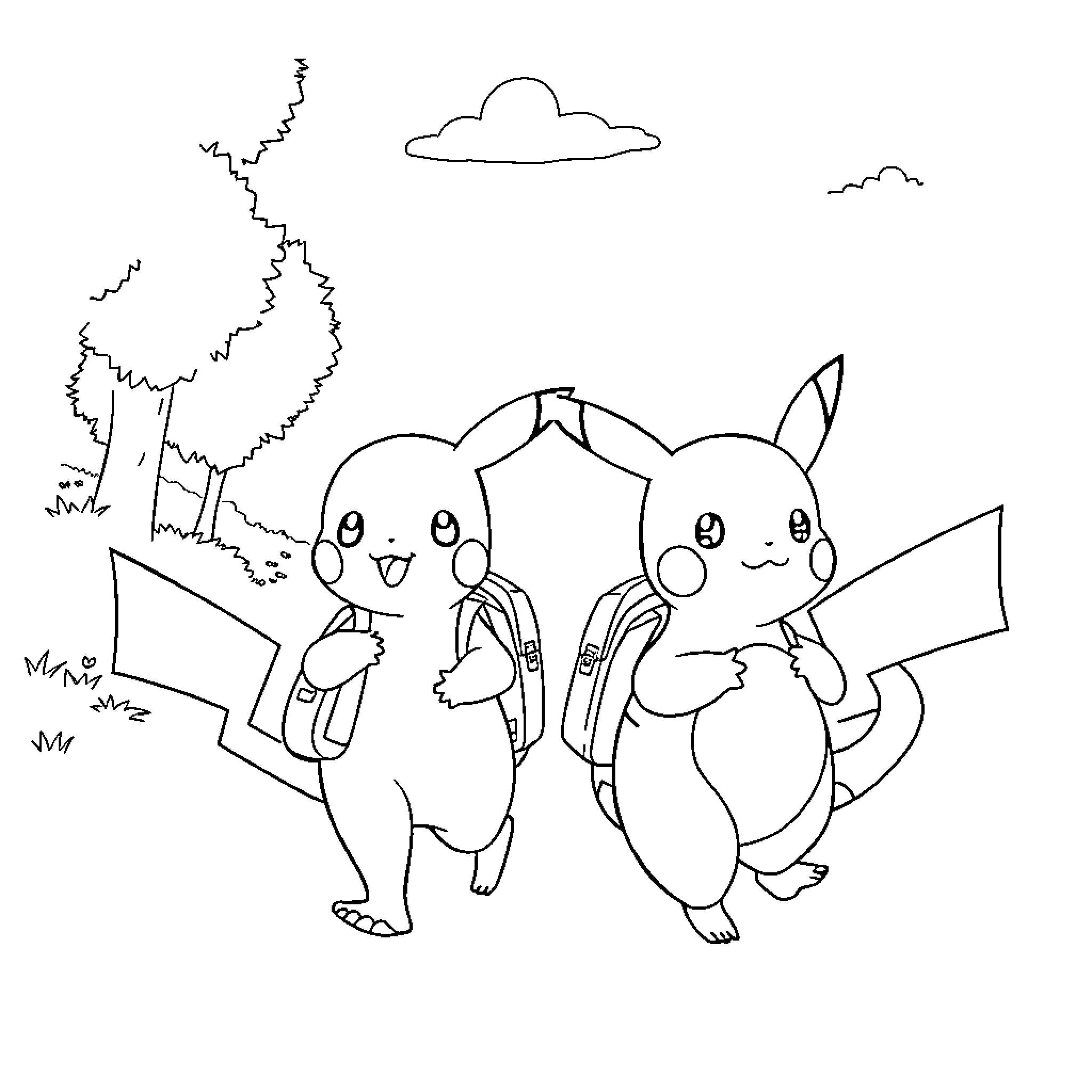 Pikachu friends exploring the outdoors Coloring Page (free black-and-white line drawing printable PDF for all, from beginners to advanced learners, including children, teens, adults, and seniors)
