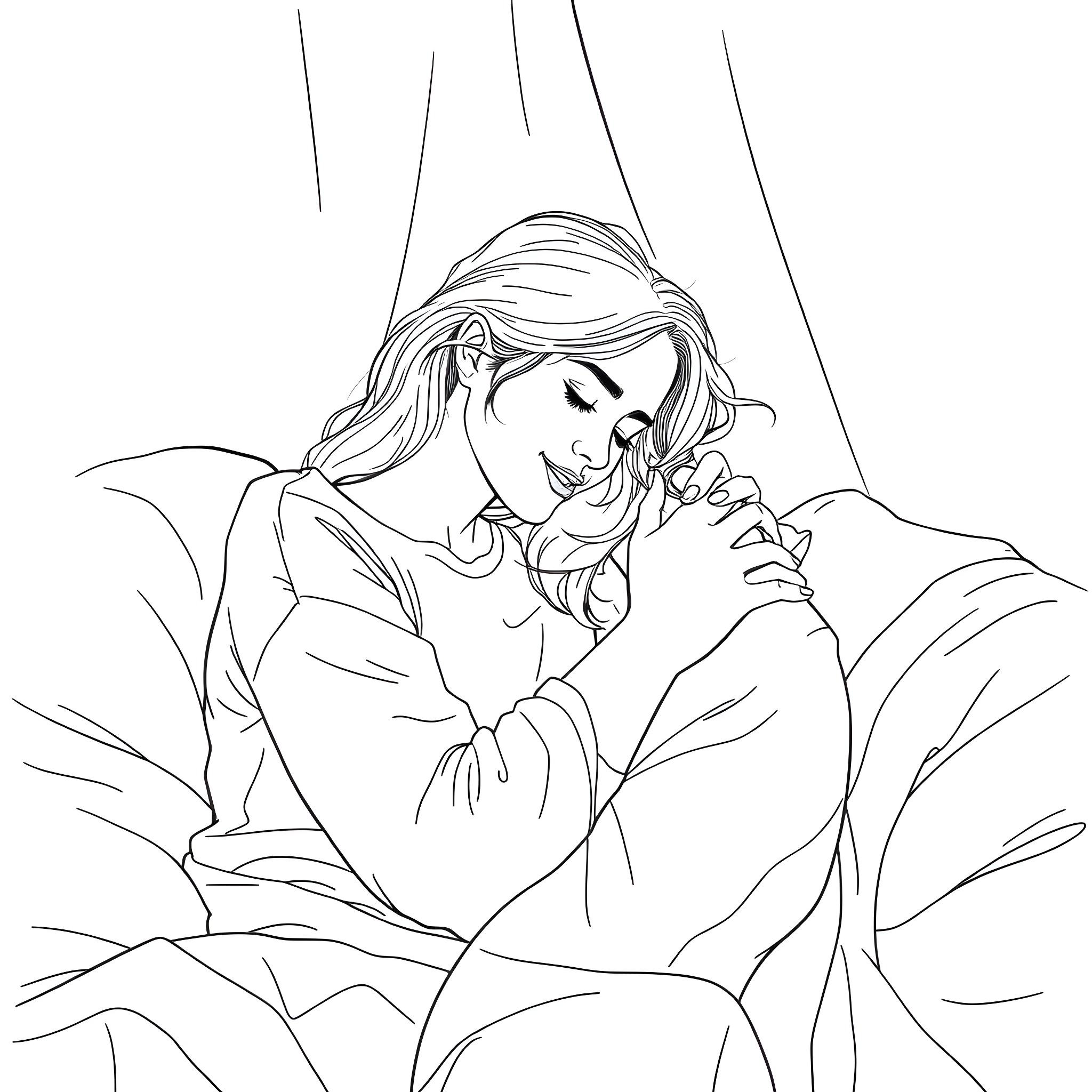 Girl lying peacefully in nature Coloring Page (free black-and-white line drawing printable PDF for all, from beginners to advanced learners, including children, teens, adults, and seniors)