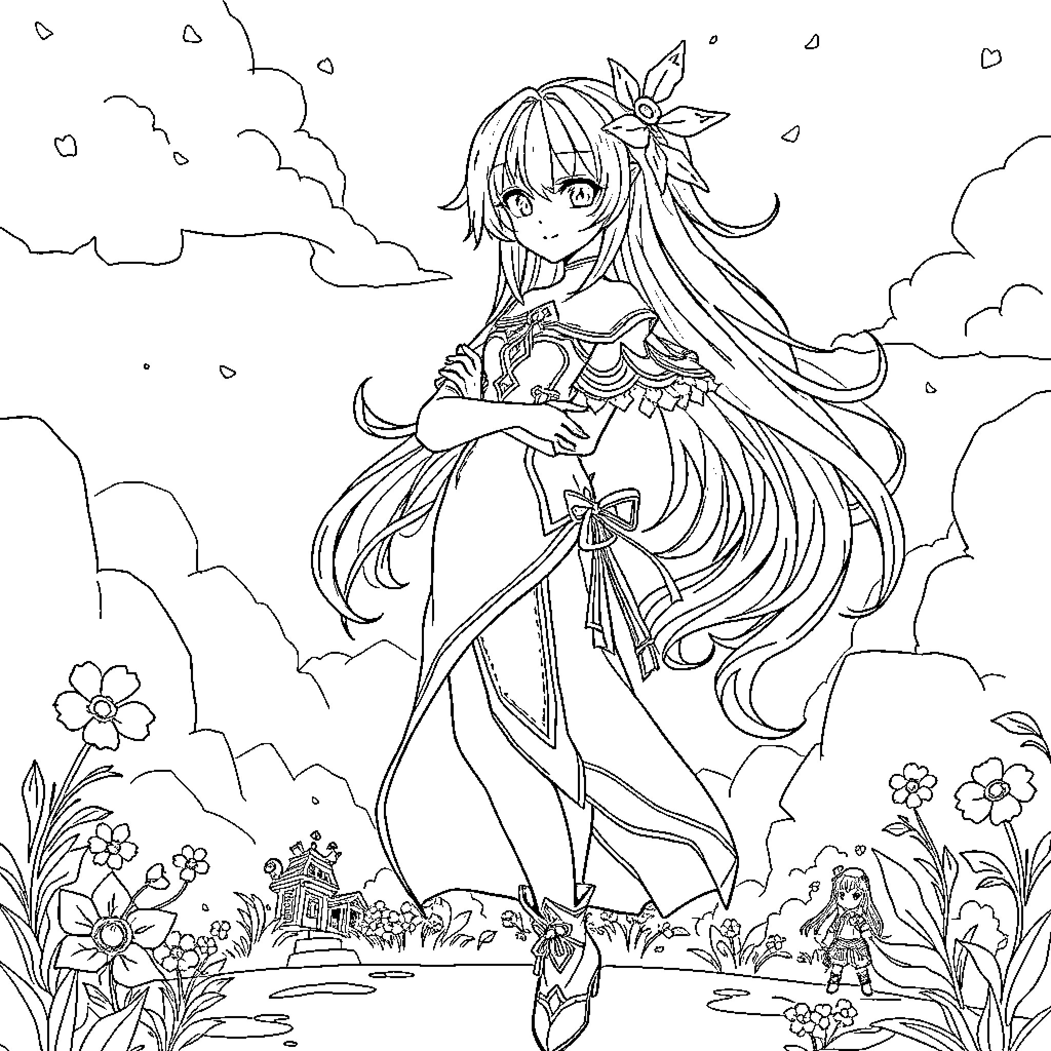 Furina's Fantastical Floral Flair Coloring Page (free black-and-white line drawing printable PDF for all, from beginners to advanced learners, including children, teens, adults, and seniors)