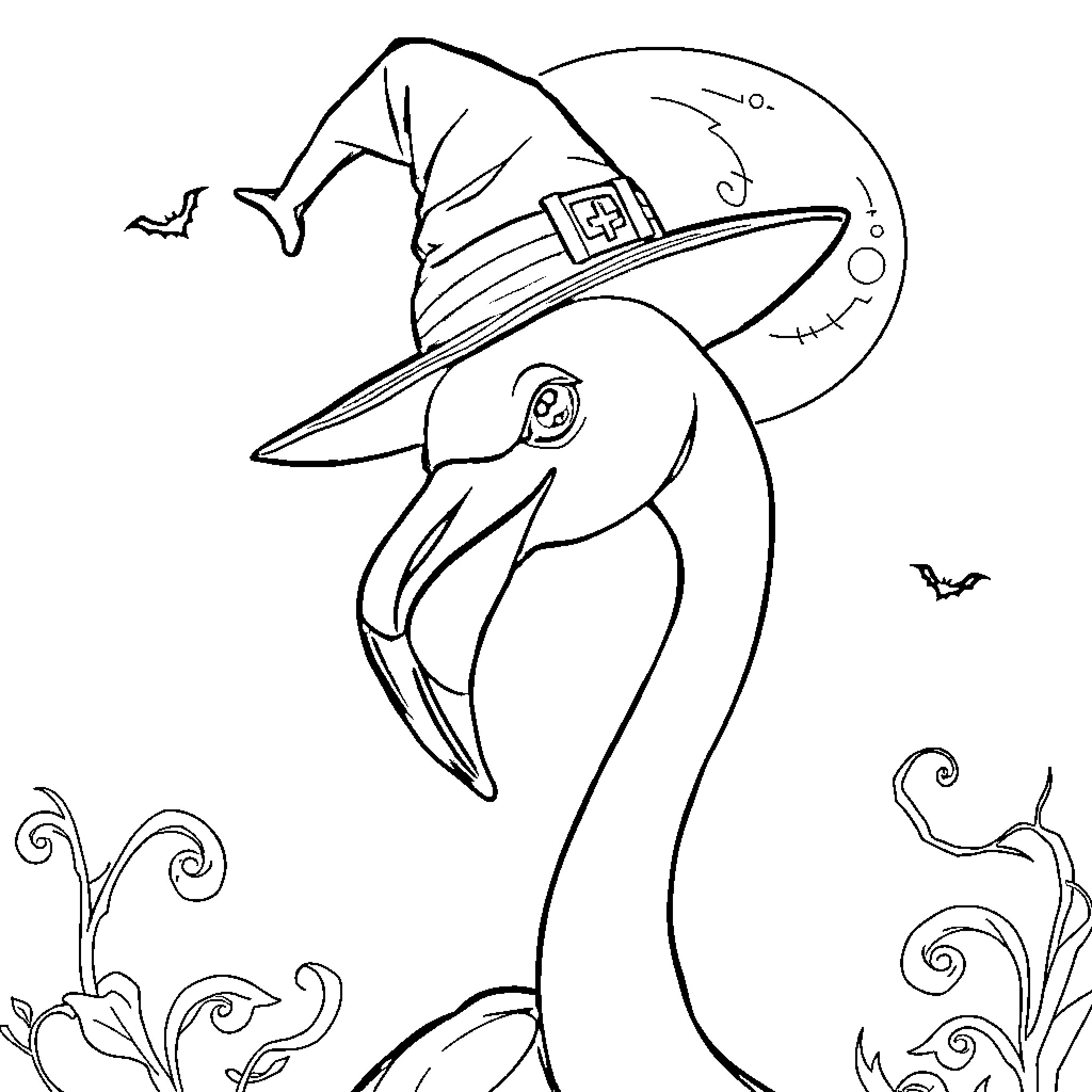 Flamingo wearing a witch hat under the full moon Coloring Page (free black-and-white line drawing printable PDF for all, from beginners to advanced learners, including children, teens, adults, and seniors)