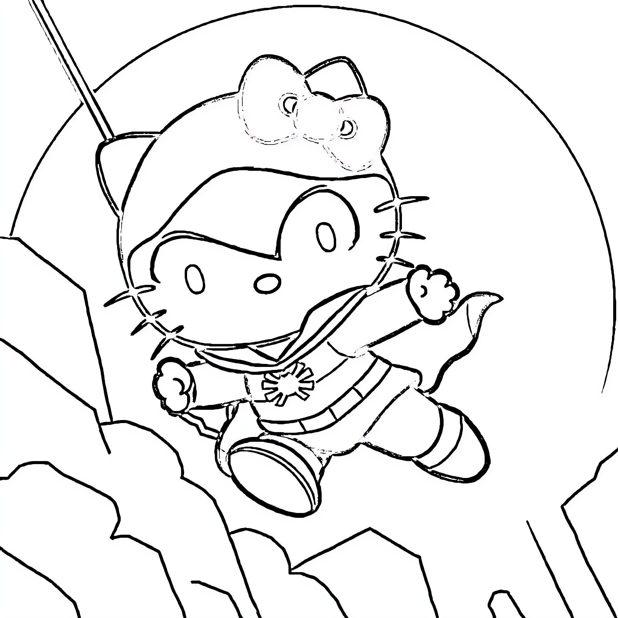Hello Kitty exploring the clouds Coloring Page (free black-and-white line drawing printable PDF for all, from beginners to advanced learners, including children, teens, adults, and seniors)