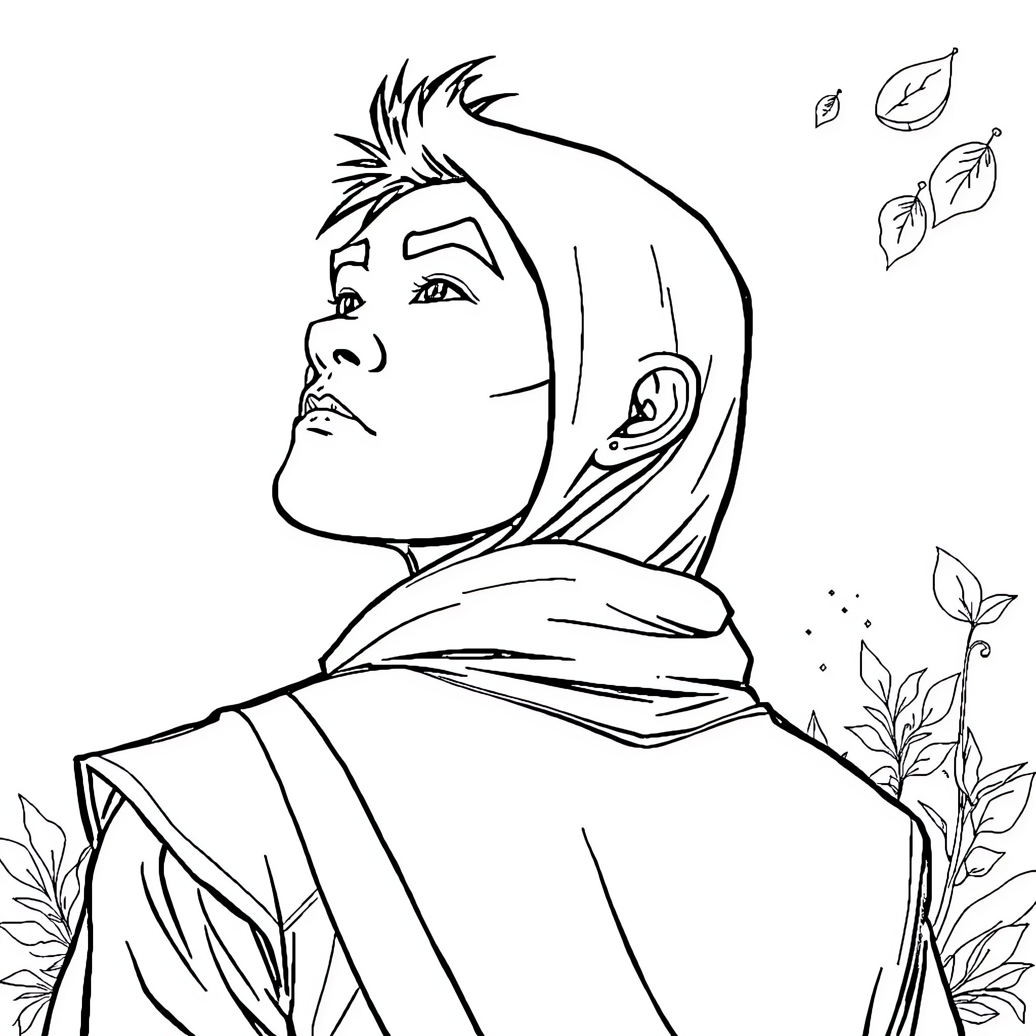 Character in thoughtful expression with nature elements Coloring Page (free black-and-white line drawing printable PDF for all, from beginners to advanced learners, including children, teens, adults, and seniors)